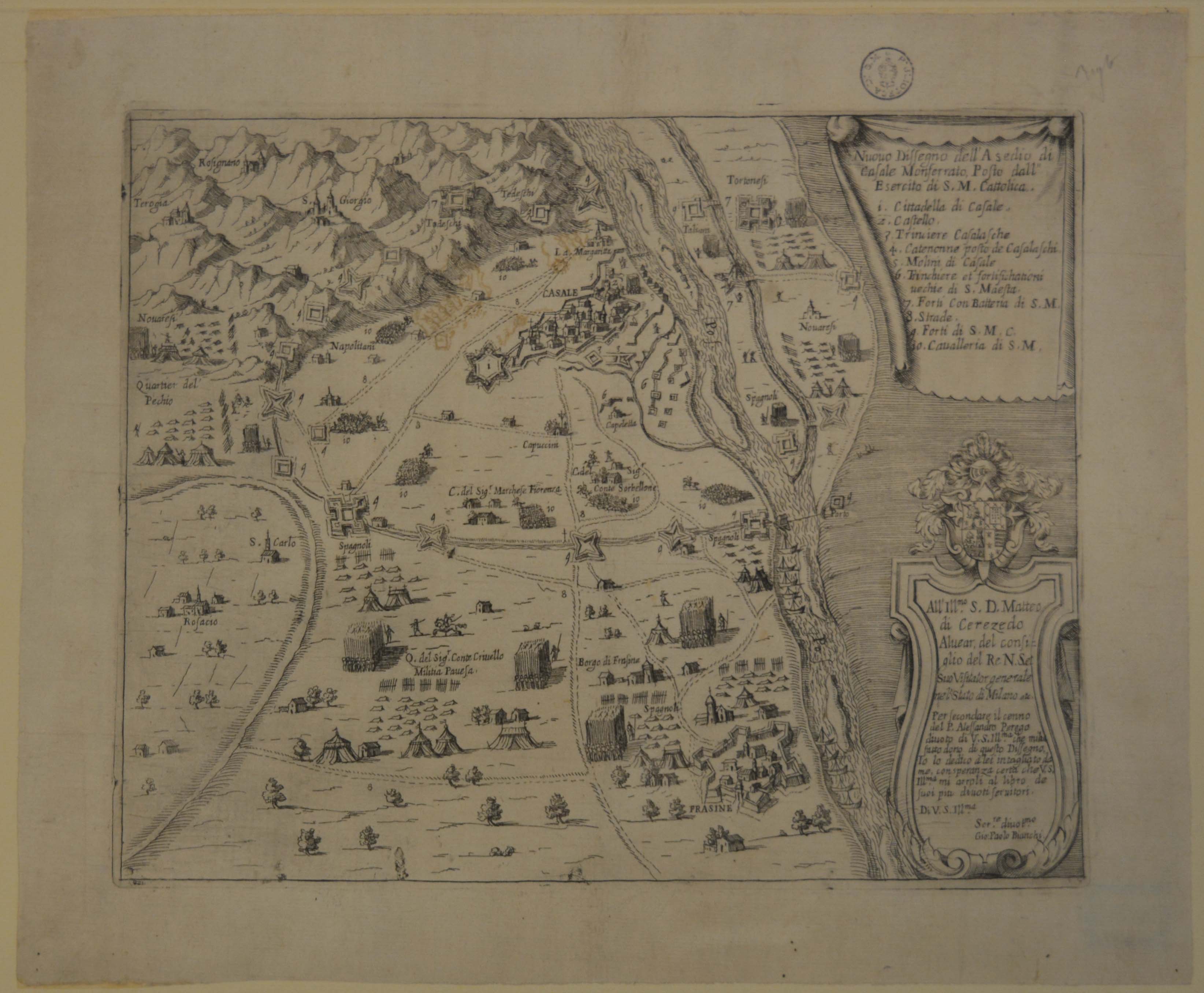 pianta topografica dell'assedio di Casale Monferrato da parte degli Spagnoli nel 1630 (stampa smarginata) di Bianchi Giovanni Paolo (secondo quarto sec. XVII)