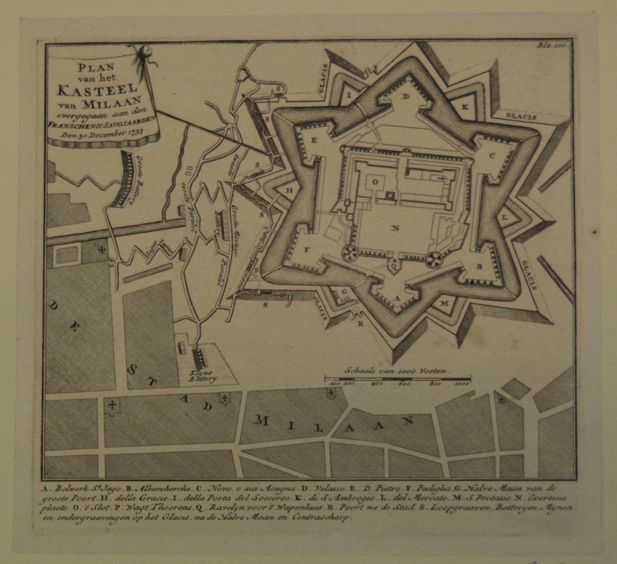 mappa del piano di attacco del Castello di Milano che passò ai Francesi e ai Savoia il 30 dicembre 1733 (stampa) - ambito olandese (secondo quarto sec. XVIII)