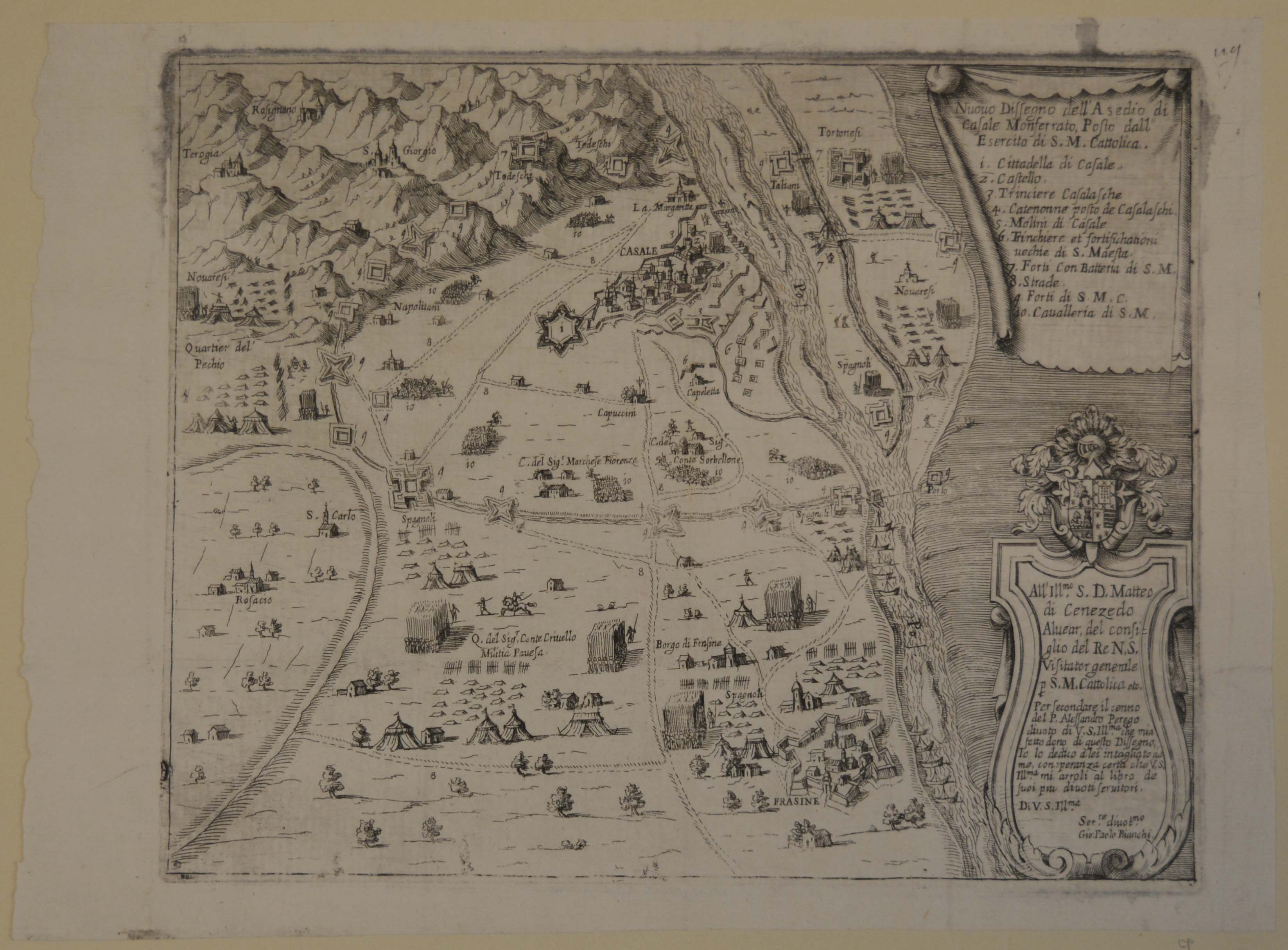 pianta topografica dell'assedio di Casale Monferrato da parte degli Spagnoli nel 1630 (stampa smarginata) di Bianchi Giovanni Paolo (secondo quarto sec. XVII)