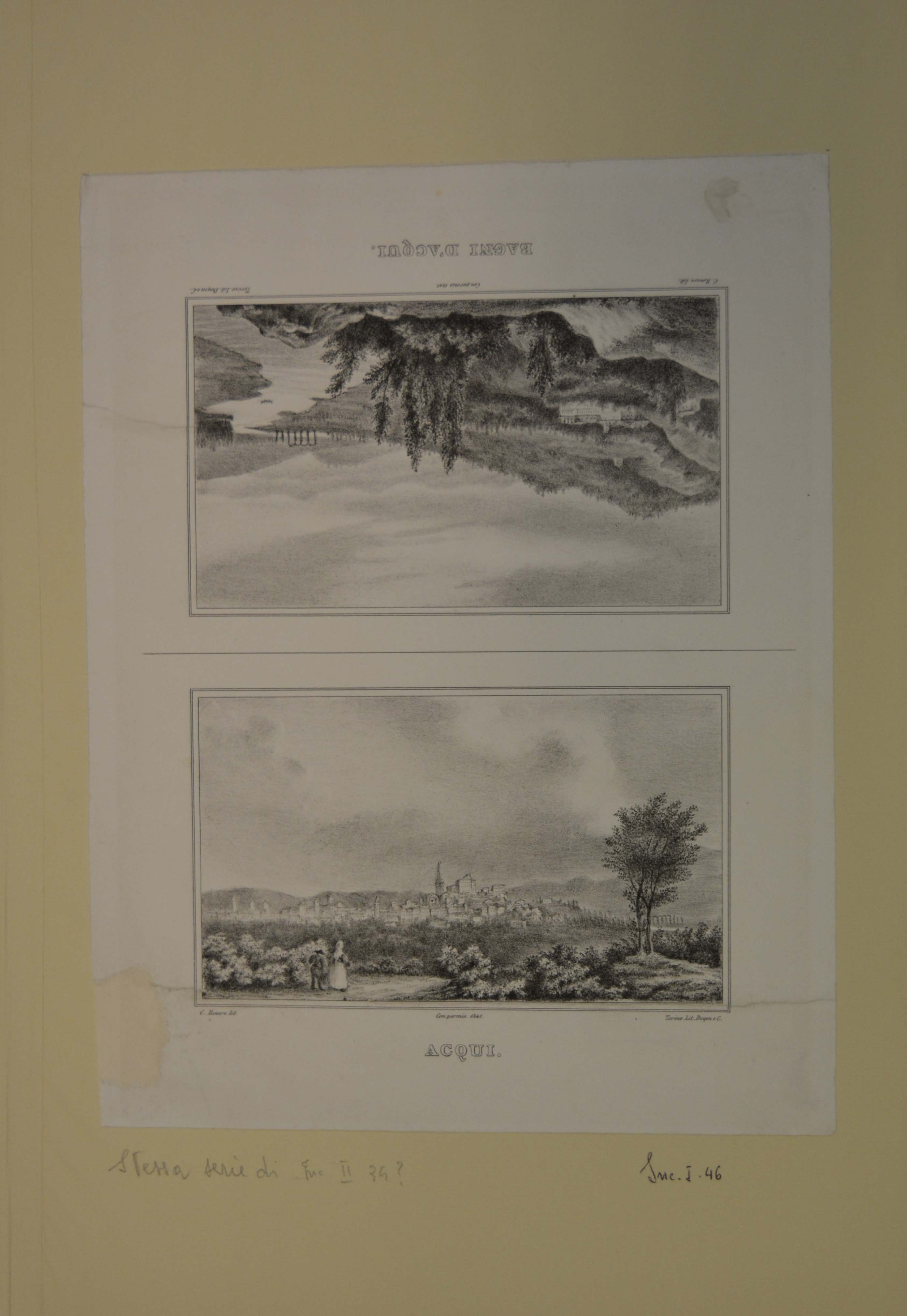veduta di Acqui Terme/ veduta dei bagni di Acqui Terme (stampa) di Rovere C (secondo quarto sec. XIX)