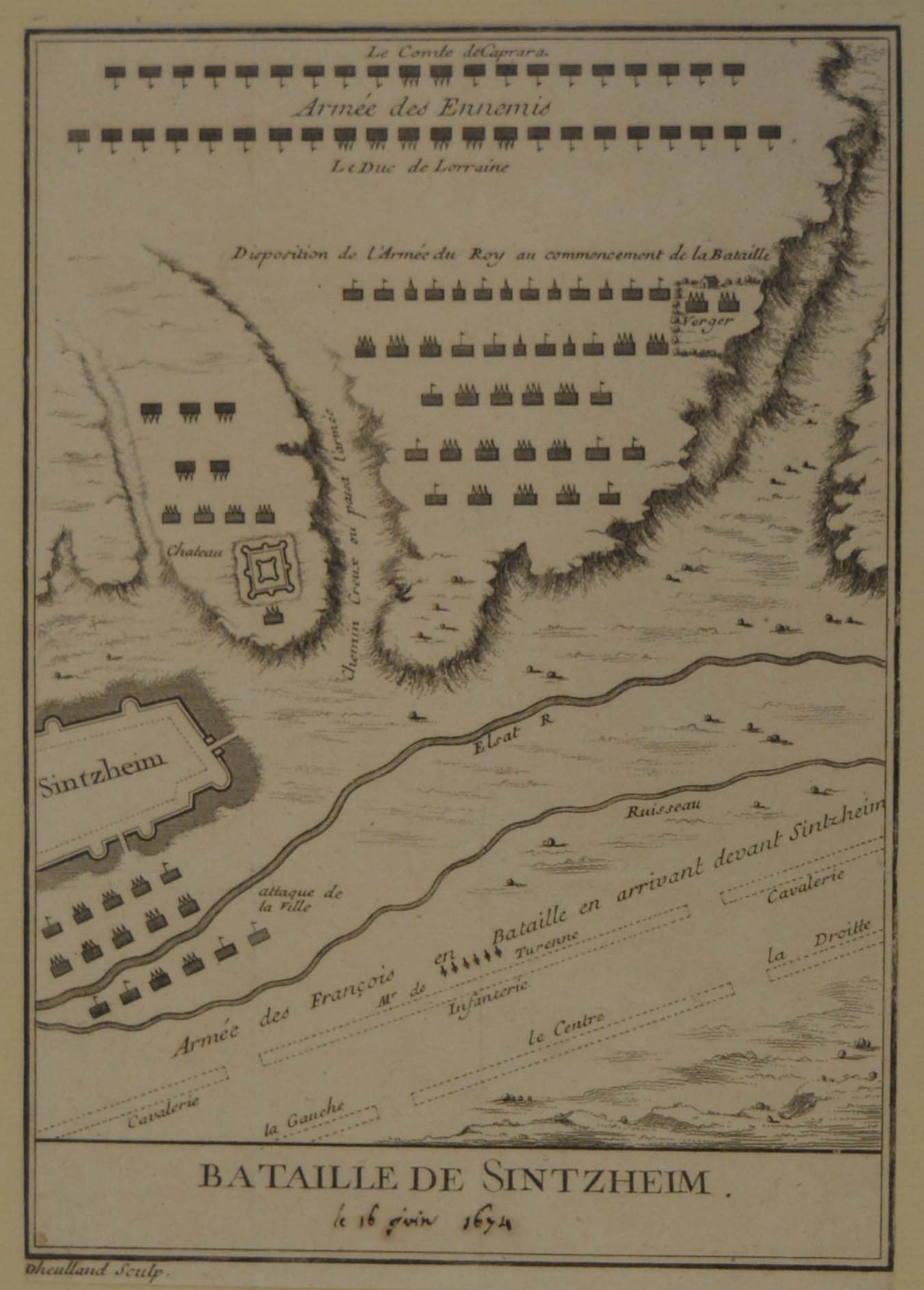 carta topografica della battaglia di Sinsheim (stampa tagliata) di Dheulland Guillaume (terzo quarto sec. XVII)