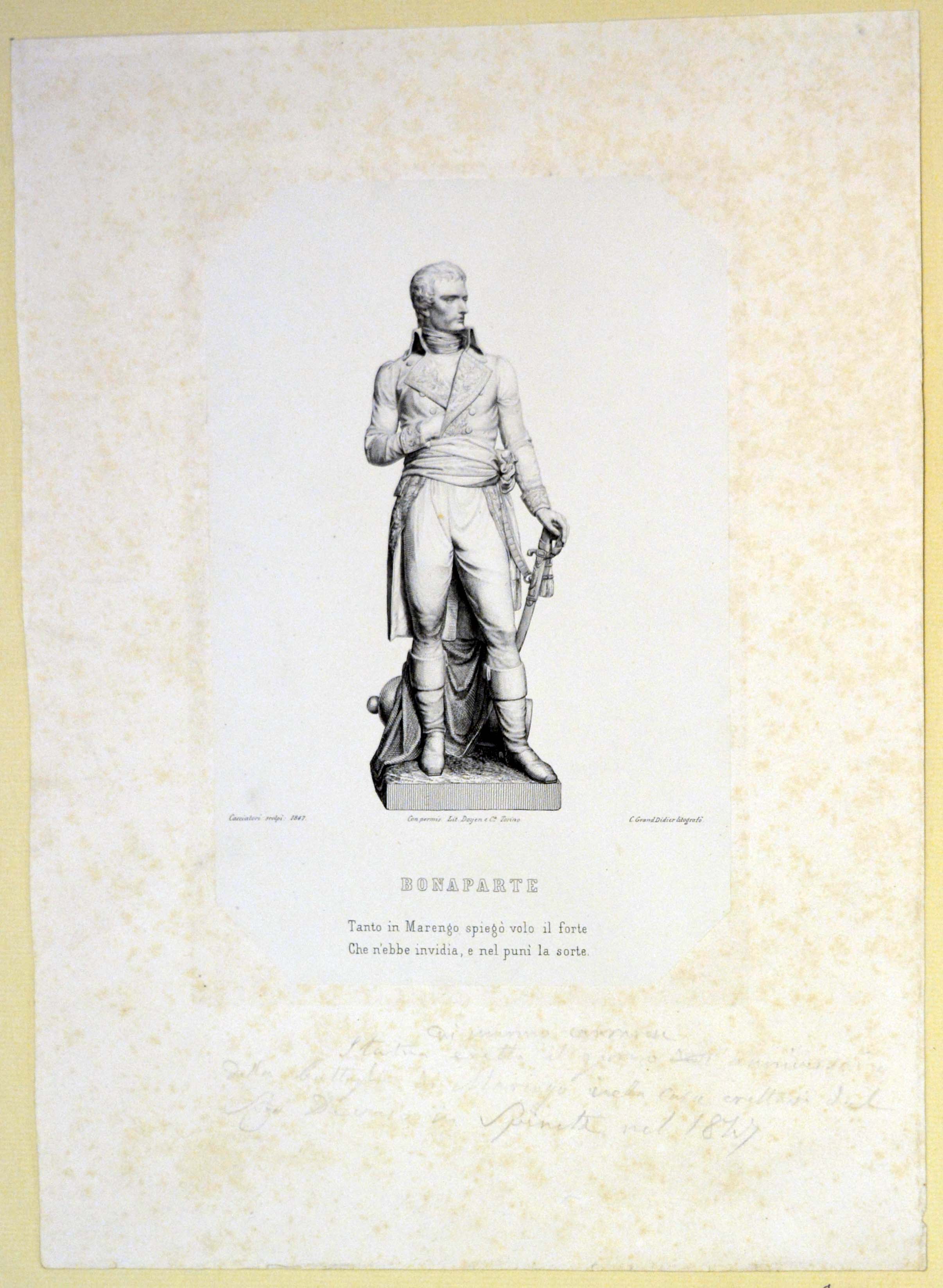 statua di Napoleone Bonaparte eretta a Spinetta Marengo (stampa tagliata) di Cacciatori Benedetto, Grand Didier Camillo Claudio (secondo quarto sec. XIX)