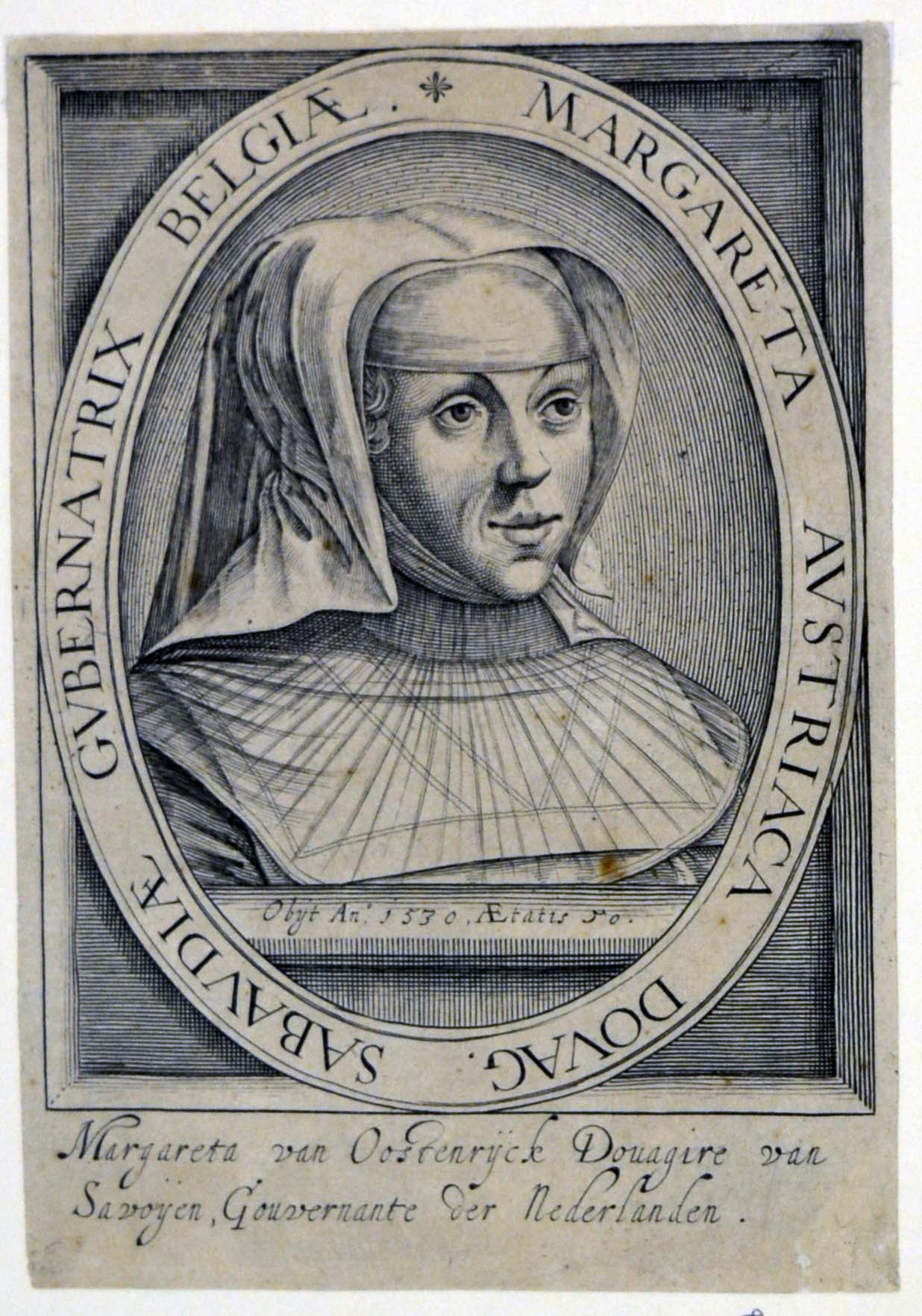 ritratto di Margherita d'Austria [d'Asburgo] (1480/ 1530), duchessa di Savoia, governatrice dei Paesi Bassi (stampa tagliata) - ambito fiammingo (prima metà sec. XVI)