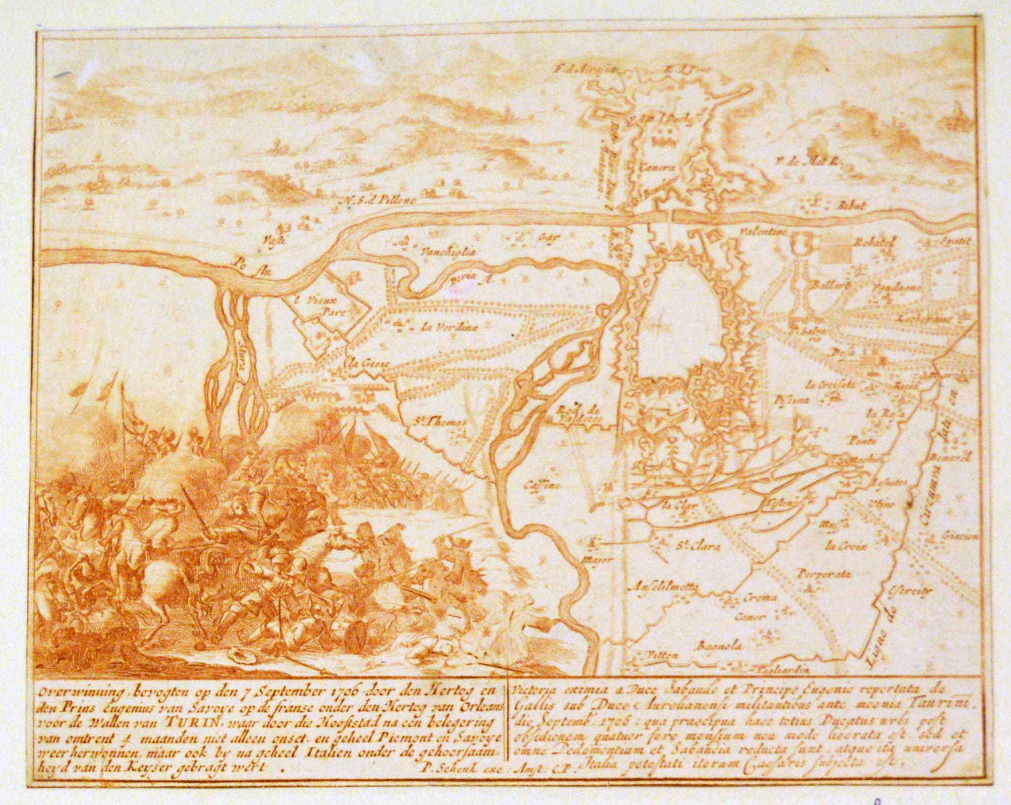 pianta delle fortificazioni di Torino e dei suoi dintorni durante le operazioni dell’assedio francese del settembre 1706 conclusosi con la vittoria del principe Eugenio di Savoia Soissons (stampa tagliata) di Schenk Peter il Vecchio (metà sec. XVIII)