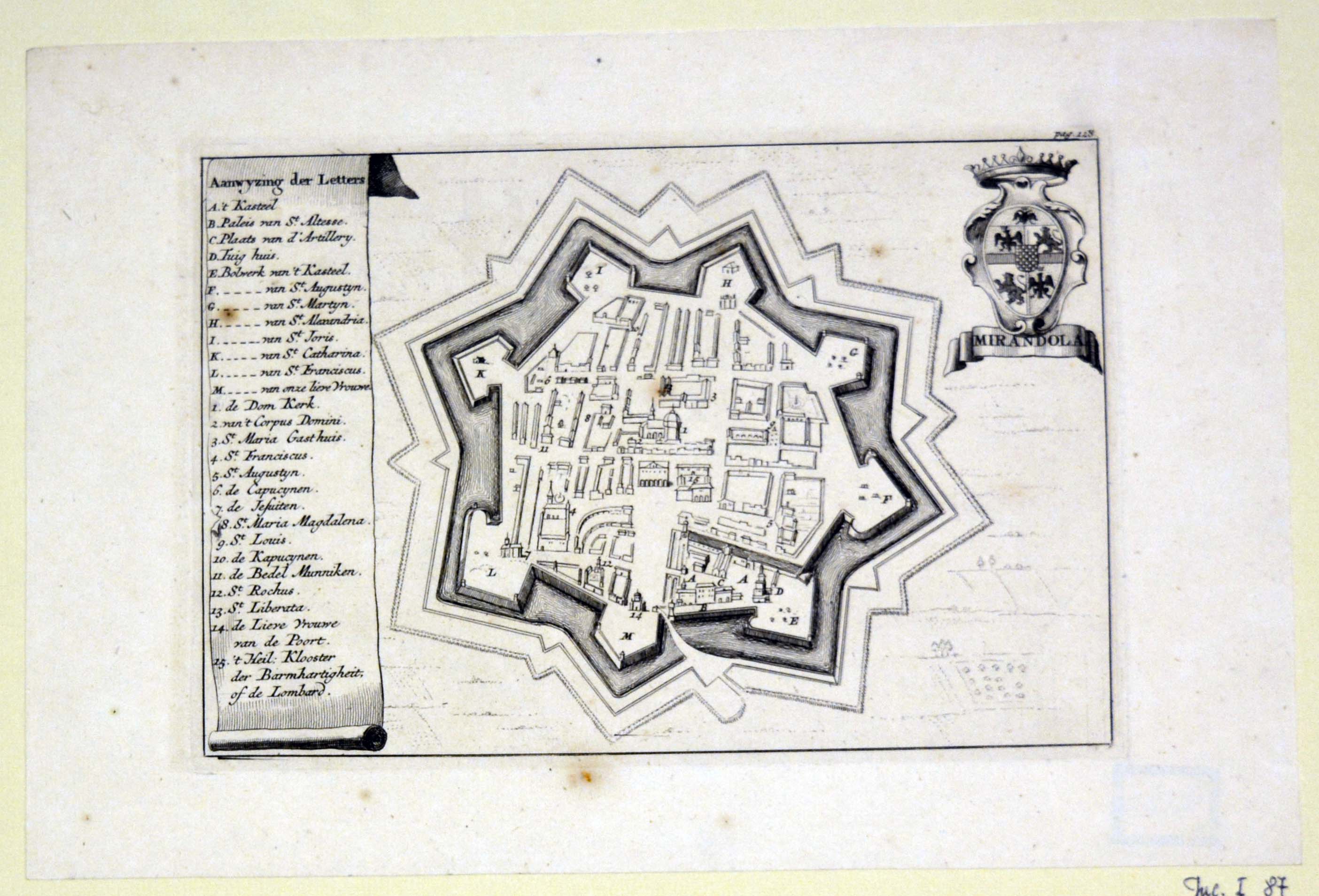 pianta topografica della città di Mirandola (stampa) - ambito olandese (prima metà sec. XVIII)