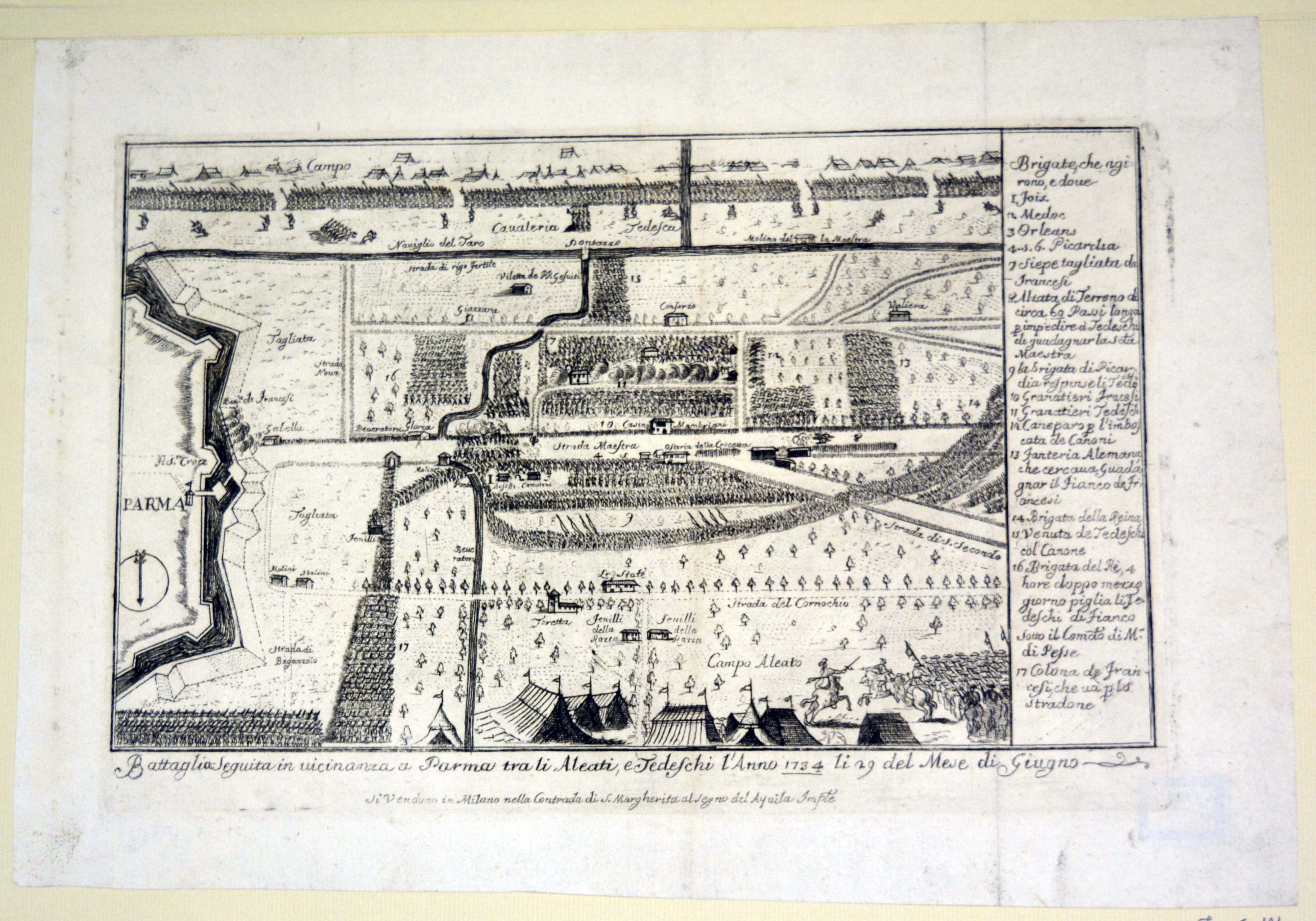 mappa militare della battaglia di Parma del 29 giugno 1734, fra franco-piemontesi e austriaci, nota anche come battaglia di San Pietro o battaglia della Crocetta (stampa) di Dal Re Giovanna Maria (secondo quarto sec. XVIII)