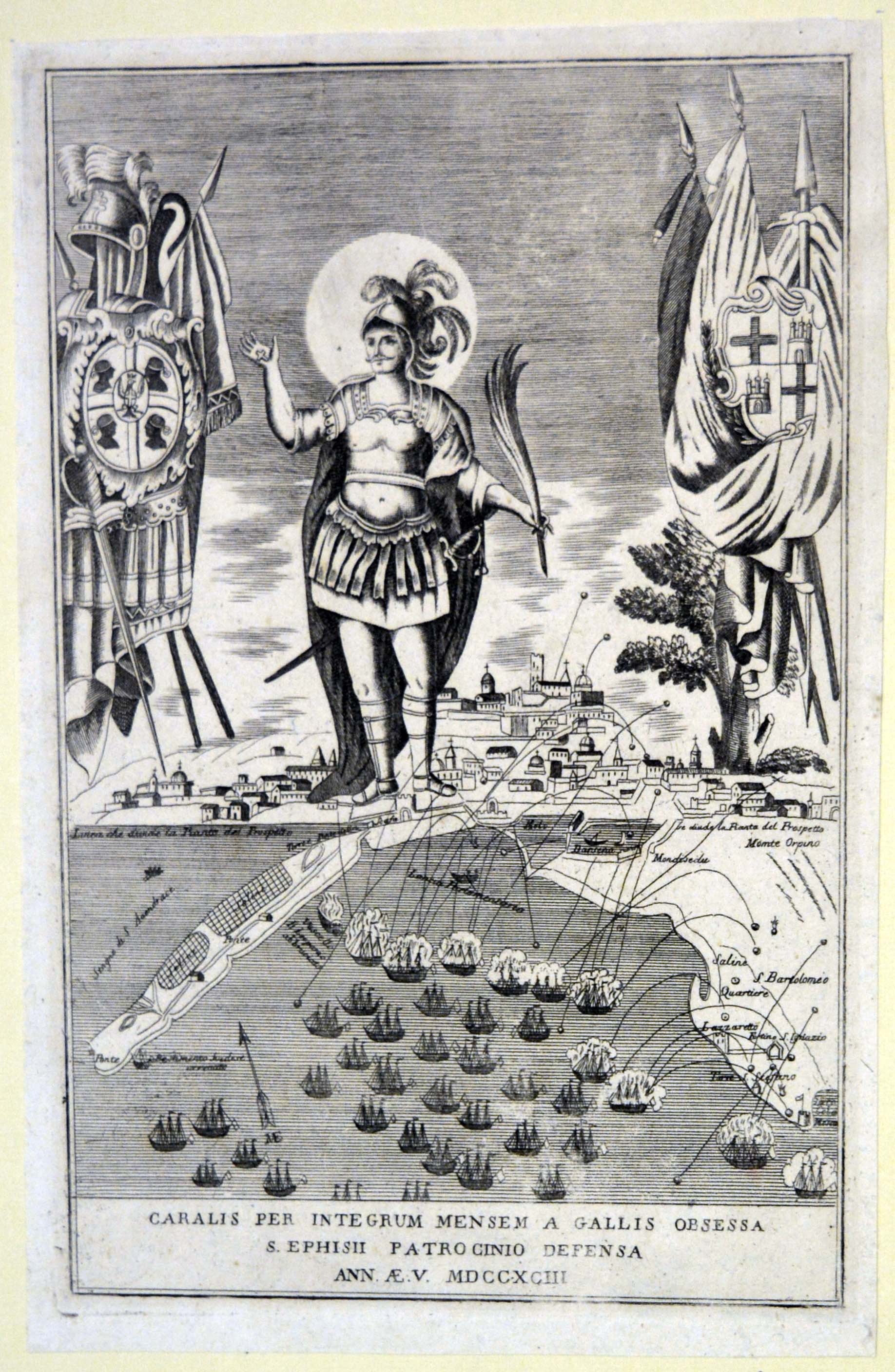 veduta del porto di Cagliari, con la flotta militare dell'esercito francese, schierata con l'obiettivo di conquistare l'isola, che ebbe luogo tra il gennaio e il maggio del 1793 (stampa tagliata) - ambito piemontese (fine sec. XVIII)