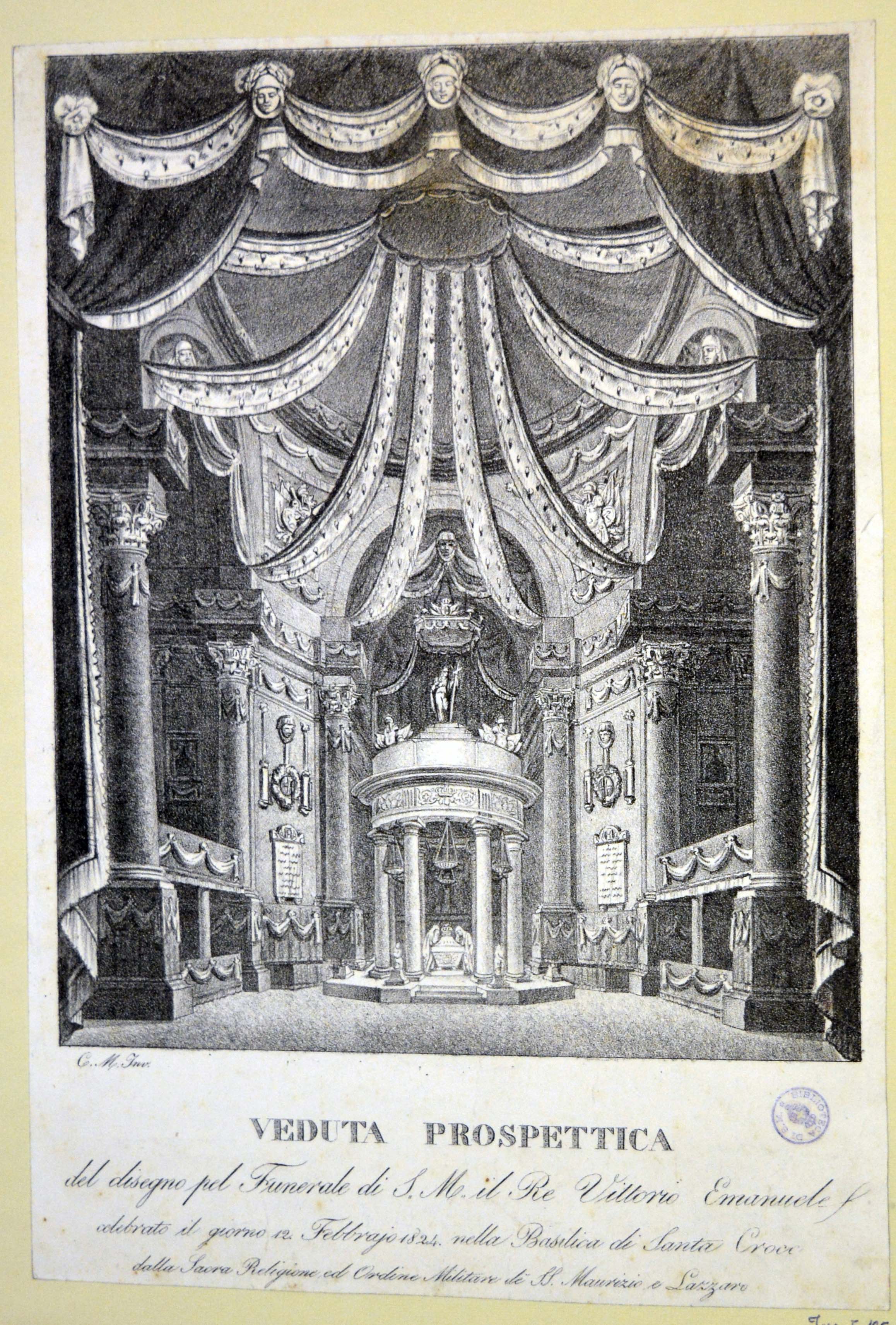 veduta prospettica dell'altar maggiore della basilica di Santa Croce con l'apparato funebre per le esequie del re Vittorio Emanuele I, morto a Moncalieri il 10 gennaio 1824, celebrato il 12 febbraio 1824 (stampa tagliata) di C.M (primo quarto sec. XIX)