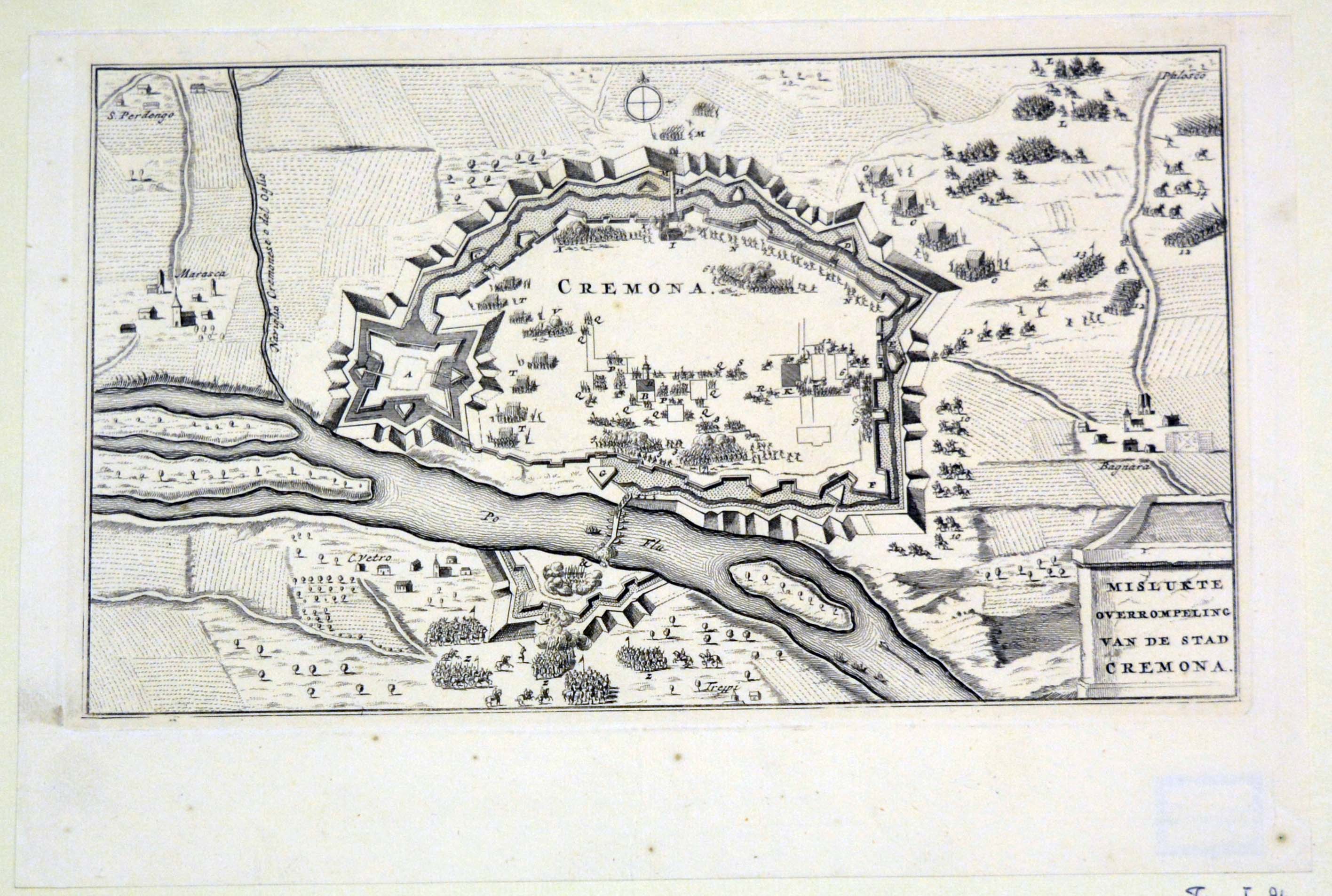 mappa militare con disposizione delle truppe nei dintorni della città di Cremona (stampa) - ambito olandese (prima metà sec. XVIII)