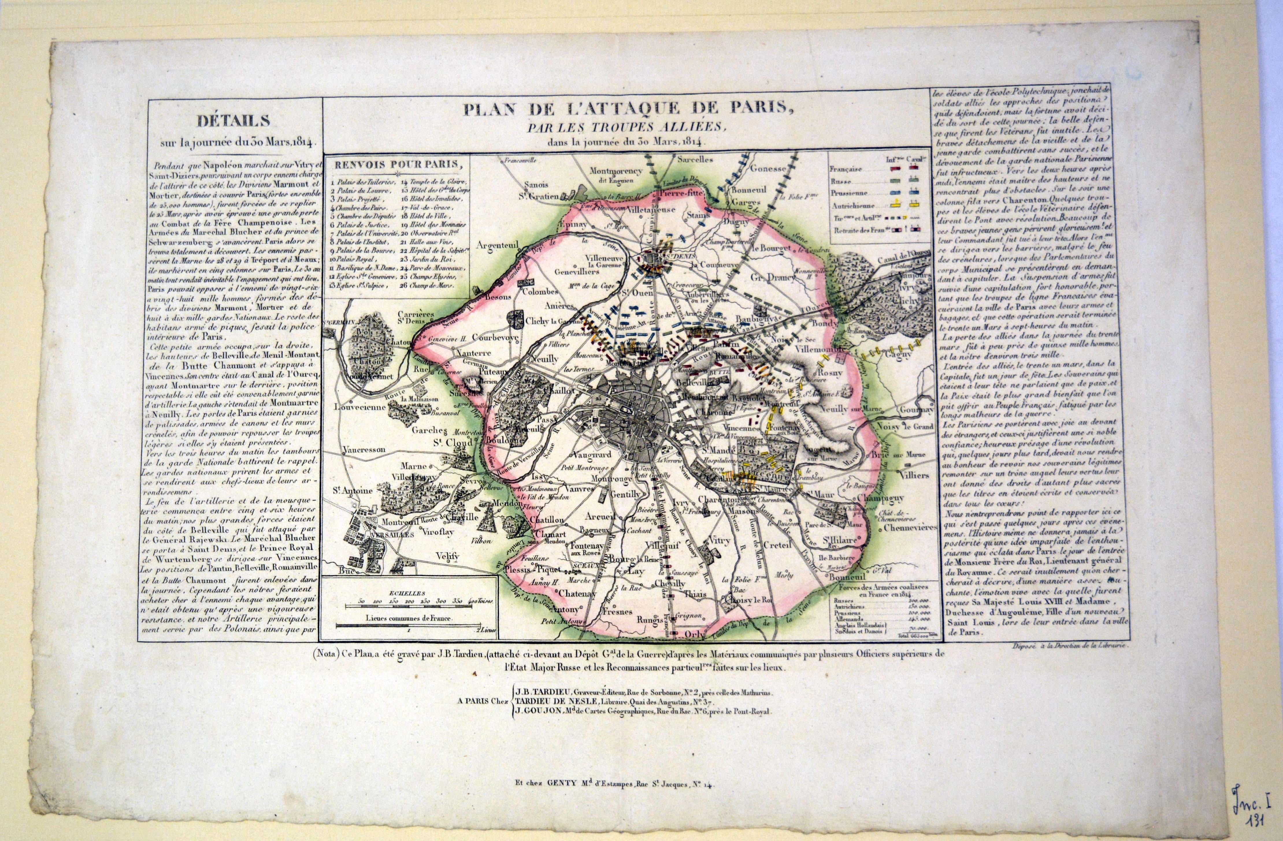 mappa militare del piano di attacco di Parigi, da parte delle truppe alleate, nel giorno del 30 marzo 1814 (stampa) di Tardieu Jean Baptiste Pierre (primo quarto sec. XIX)