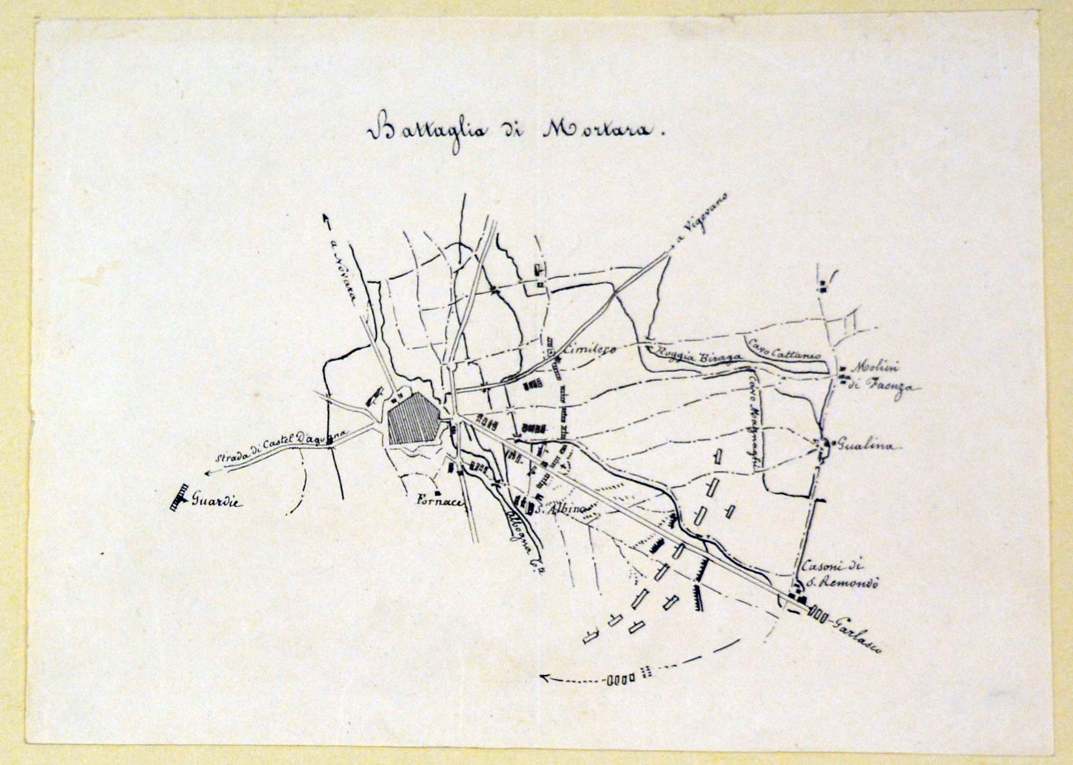 pianta topografica e mappa militare della battaglia di Mortara (stampa tagliata) - ambito piemontese (metà sec. XIX)