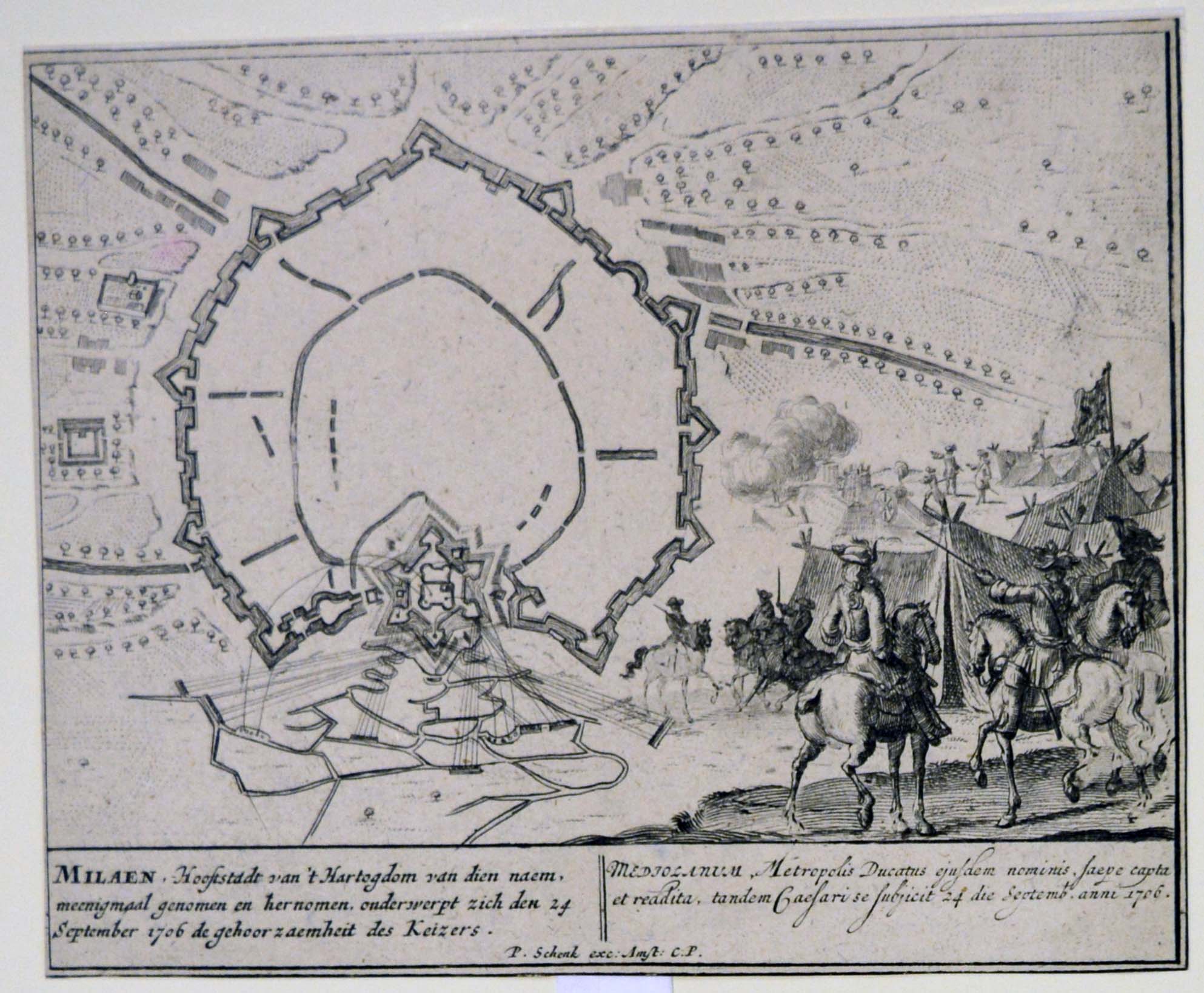 pianta dell'assedio di Milano conclusosi il 24 settembre 1706 con il passaggio della città dal dominio spagnolo a quello austriaco (stampa tagliata) di Schenk Peter il Vecchio (inizio sec. XVIII)