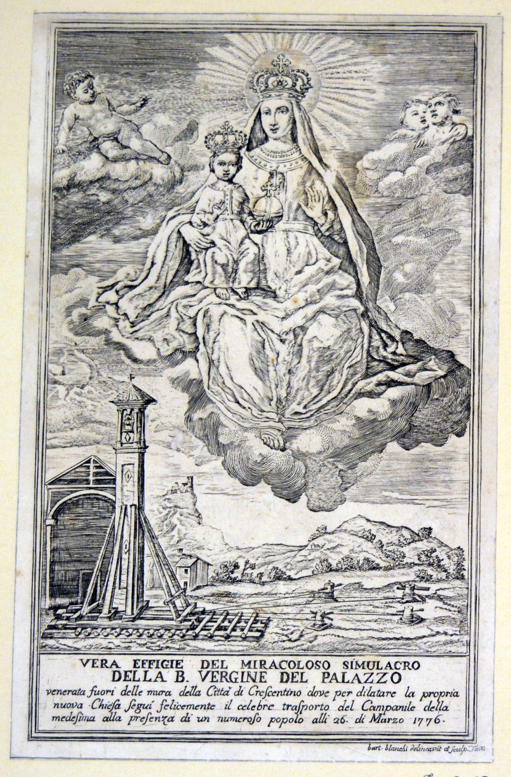 vera effigie della Beata Vergine del Palazzo venerata fuori delle mura della Città di Crescentino (stampa tagliata) di Blanchi Bartolomeo (ultimo quarto sec. XVIII)