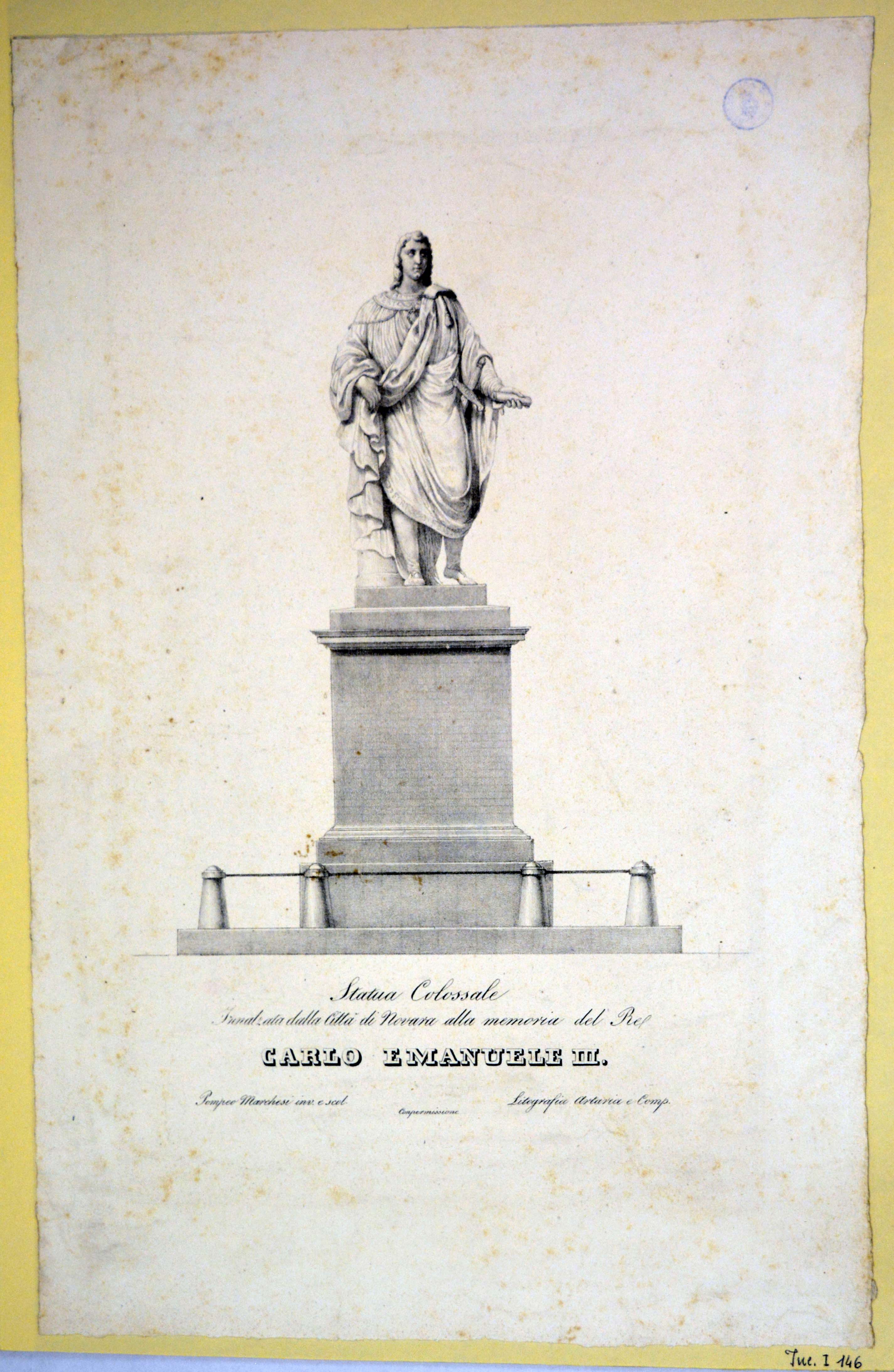 monumento di Carlo Emanuele III in Novara (stampa) di Marchesi Pompeo (secondo quarto sec. XIX)