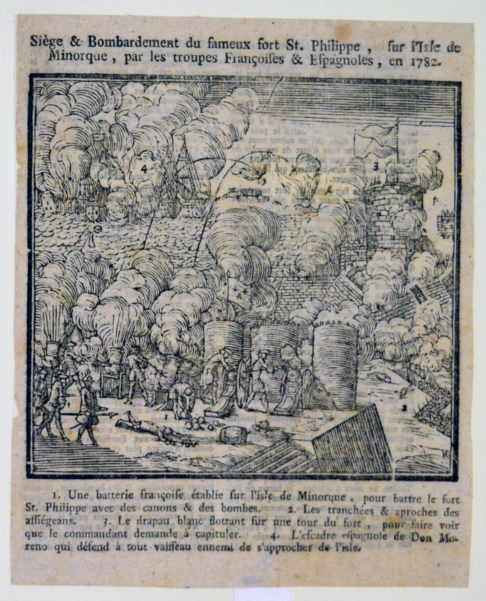 scena dell'assedio e del bombardamento del Forte di San Filippo, sull'isola di Minorca, da parte di truppe francesi e spagnole, nel 1782 (stampa tagliata) - ambito francese (ultimo quarto sec. XVIII)