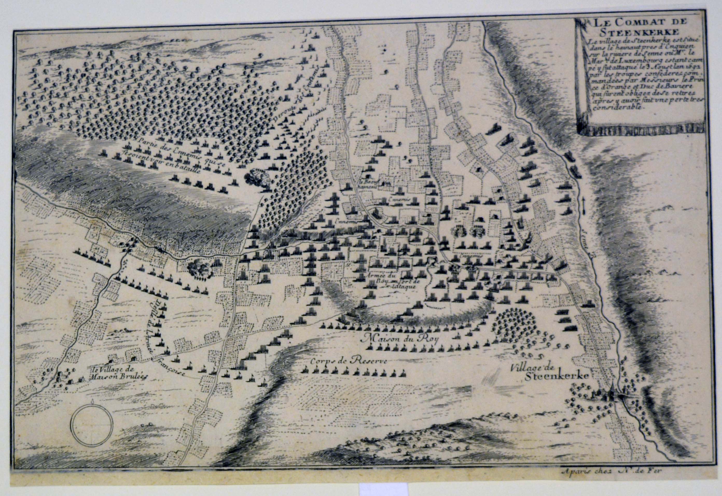 mappa logistica militare della battaglia di Steenkerque [o Steinkerque] del 3 agosto 1692 (stampa tagliata) di Fer Nicolas : de (ultimo quarto sec. XVII)