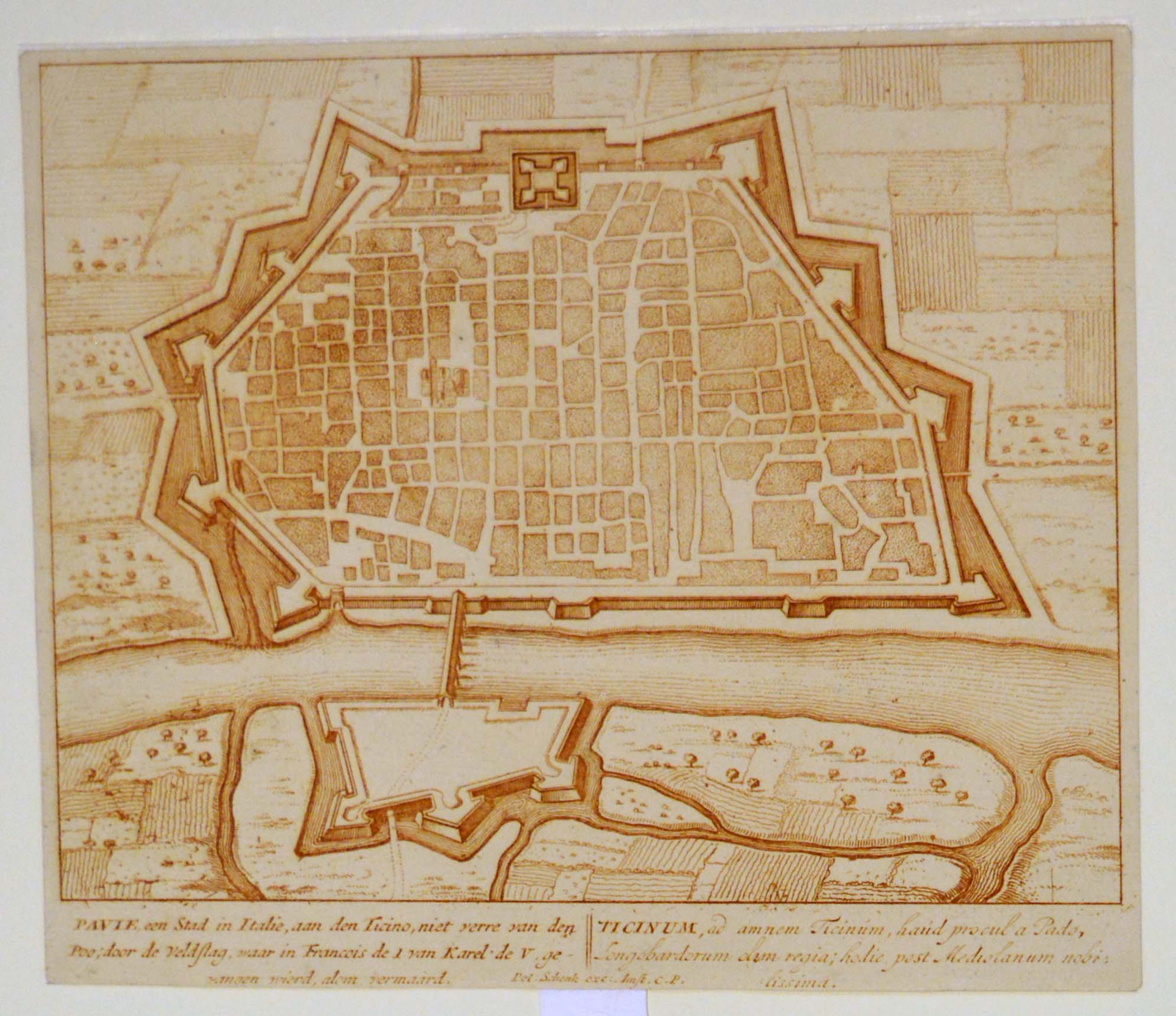 pianta topografica di Pavia (stampa tagliata) di Schenk Peter il Vecchio (inizio sec. XVIII)