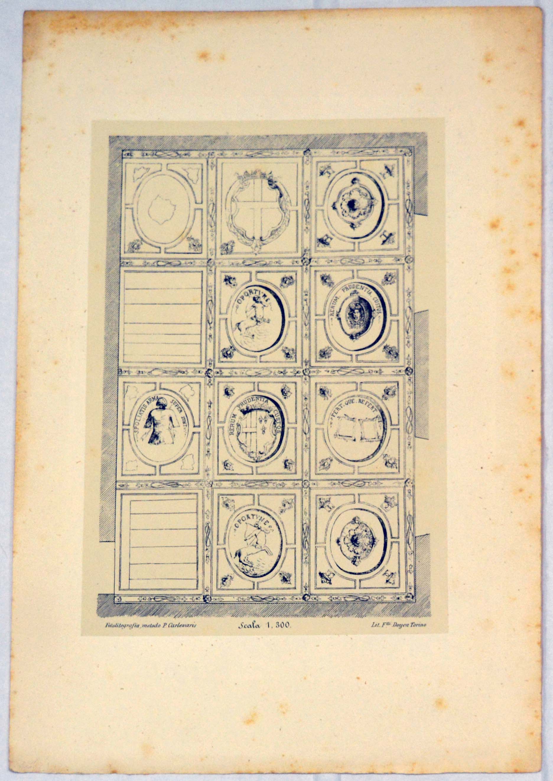 Raffigurazioni delle decorazioni di un antico soffitto al disegno collocato Dis. V.III.46, decorazioni di un soffitto a cassettoni (stampa) (ultimo quarto sec. XIX)