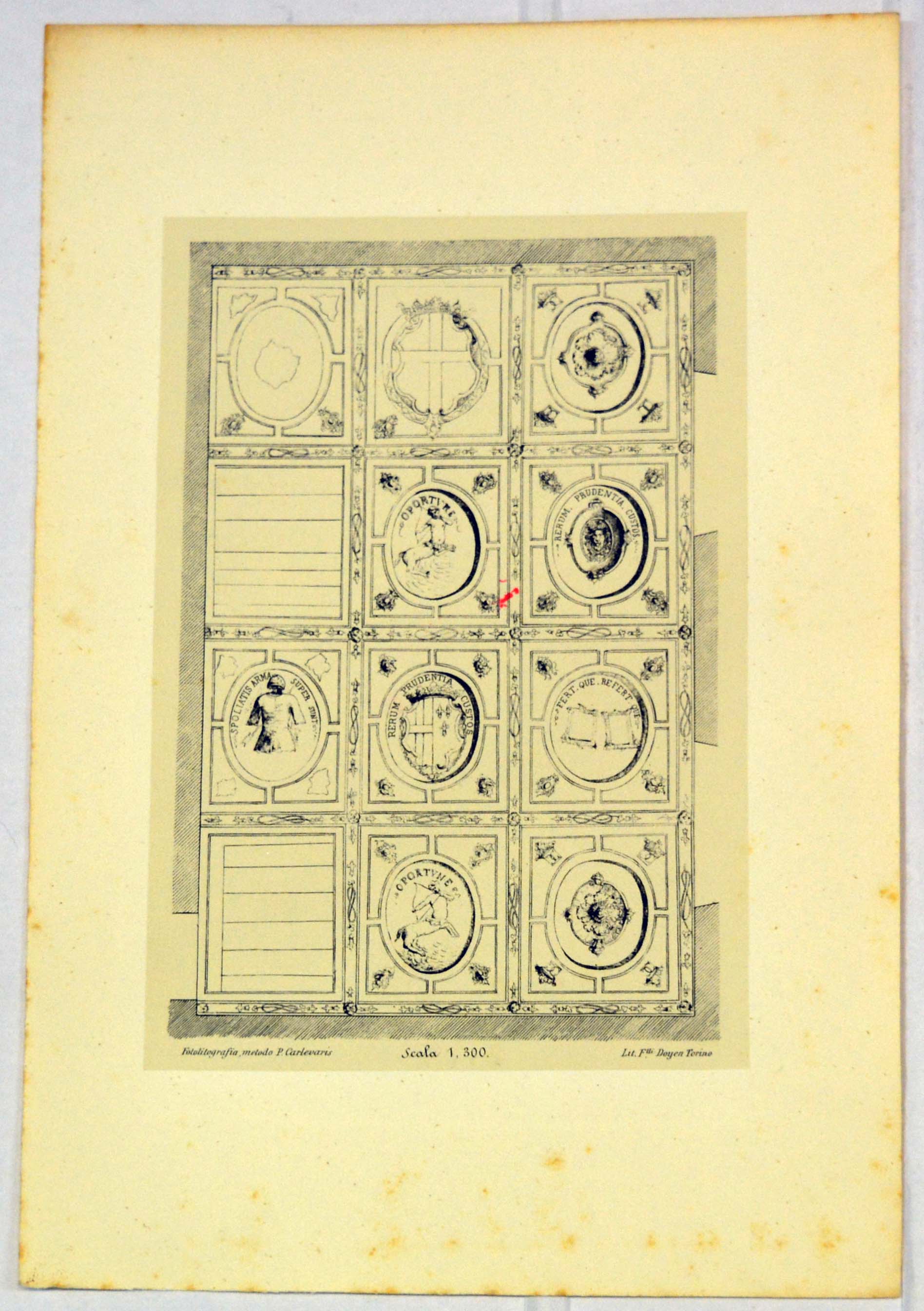 Raffigurazioni delle decorazioni di un antico soffitto al disegno collocato Dis. V.III.46, decorazioni di un soffitto a cassettoni (stampa) (ultimo quarto sec. XIX)