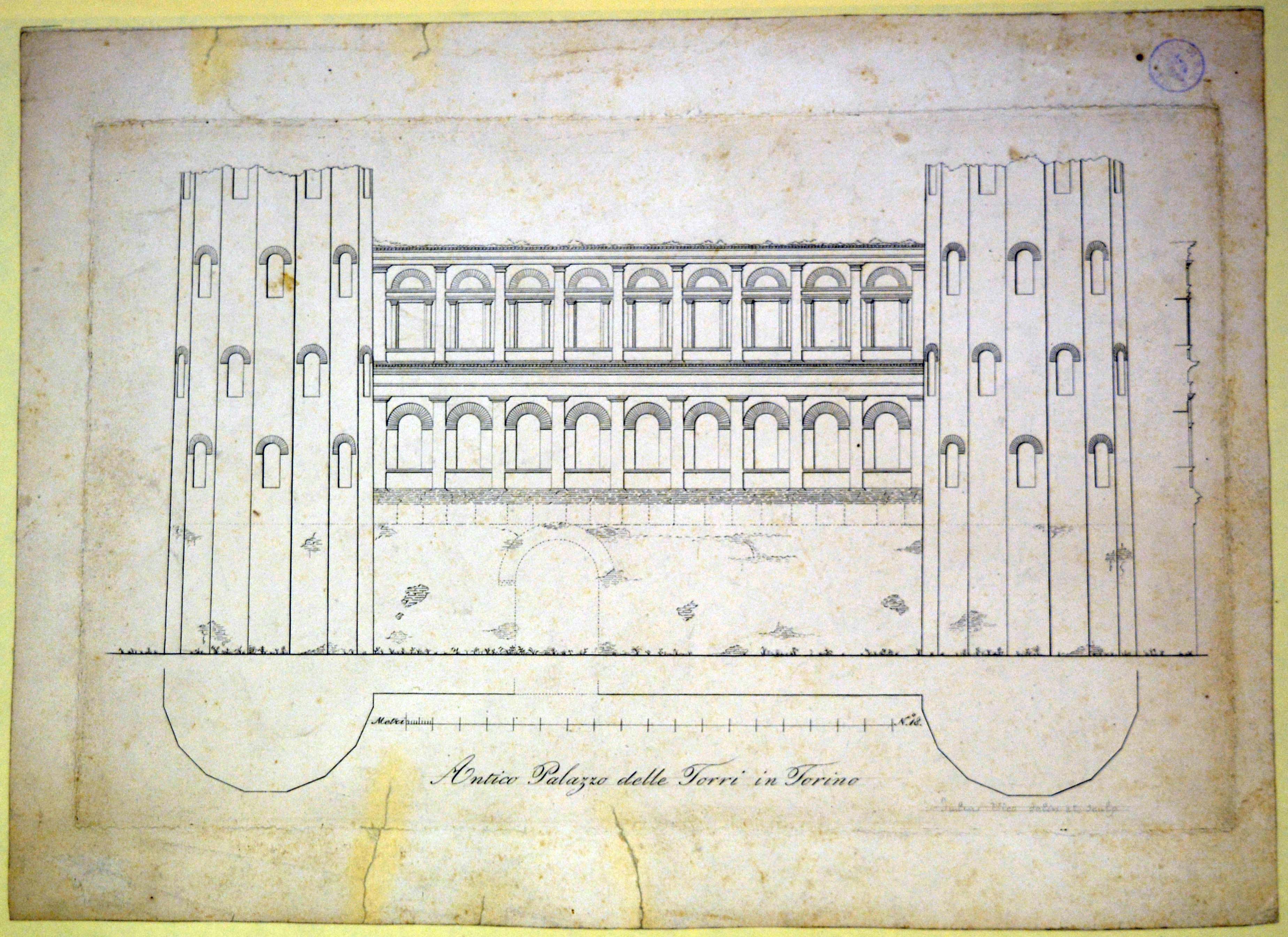 prospetto dell'Antico Palazzo delle Torri in Torino (stampa) di Vico Giulio (prima metà sec. XIX)