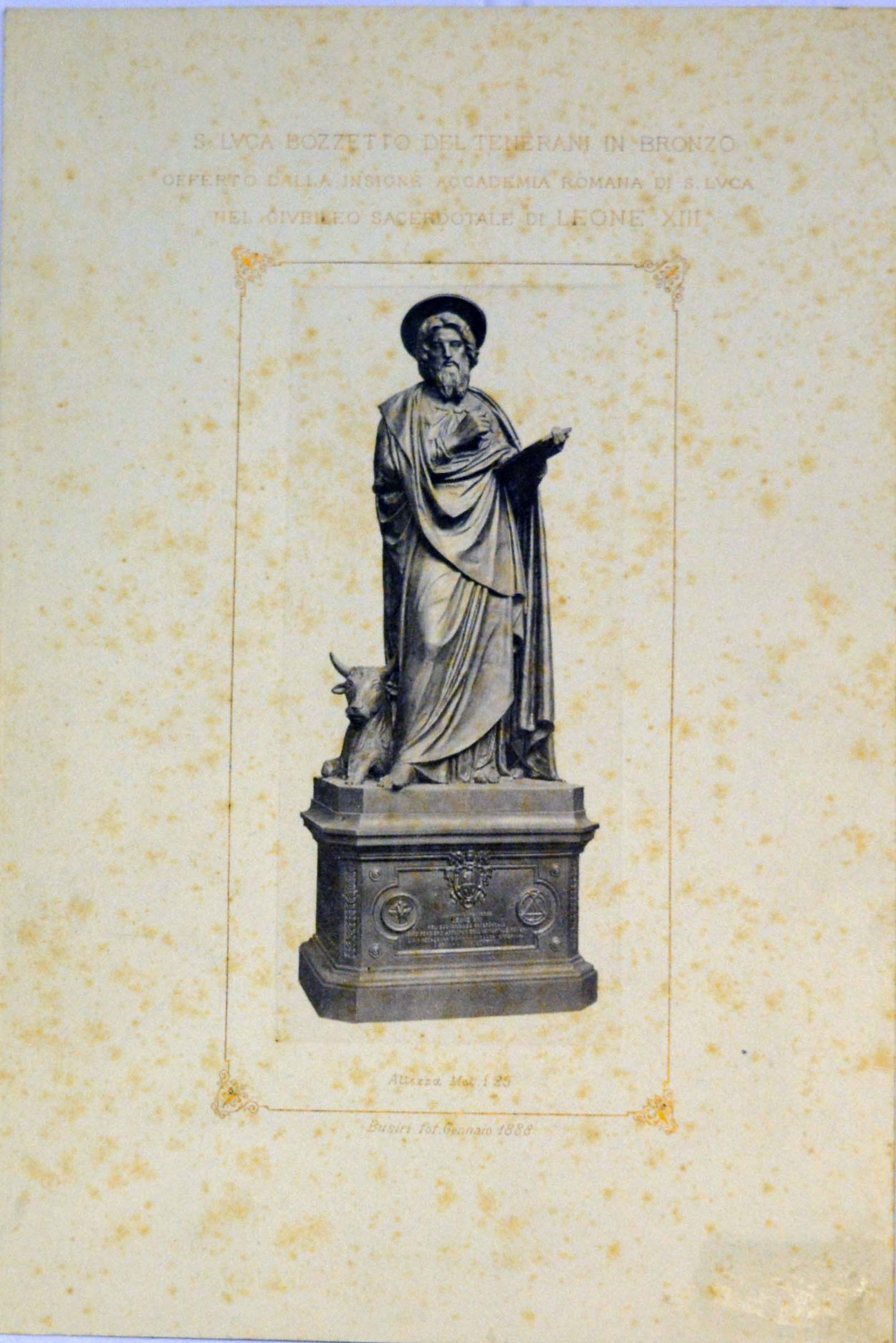 bozzetto in bronzo della statua di San Luca, opera di Pietro Tenerani, offerto dall'Accademia di San Luca nel Giubileo sacerdotale di Leone XIII (stampa) di Busiri (ultimo quarto sec. XIX)