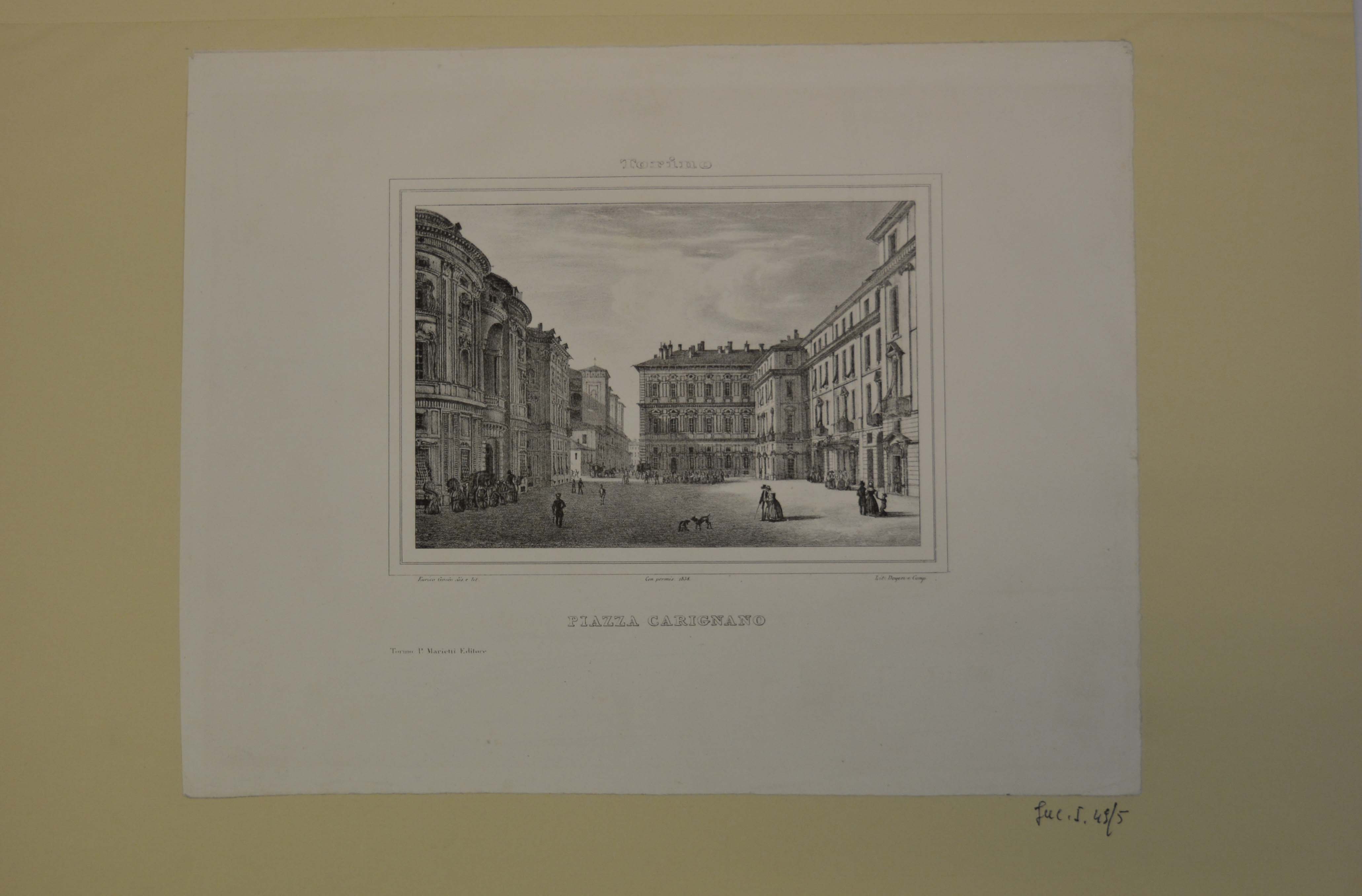 veduta di Piazza Carignano in Torino (stampa) di Gonin Enrico (secondo quarto sec. XIX)