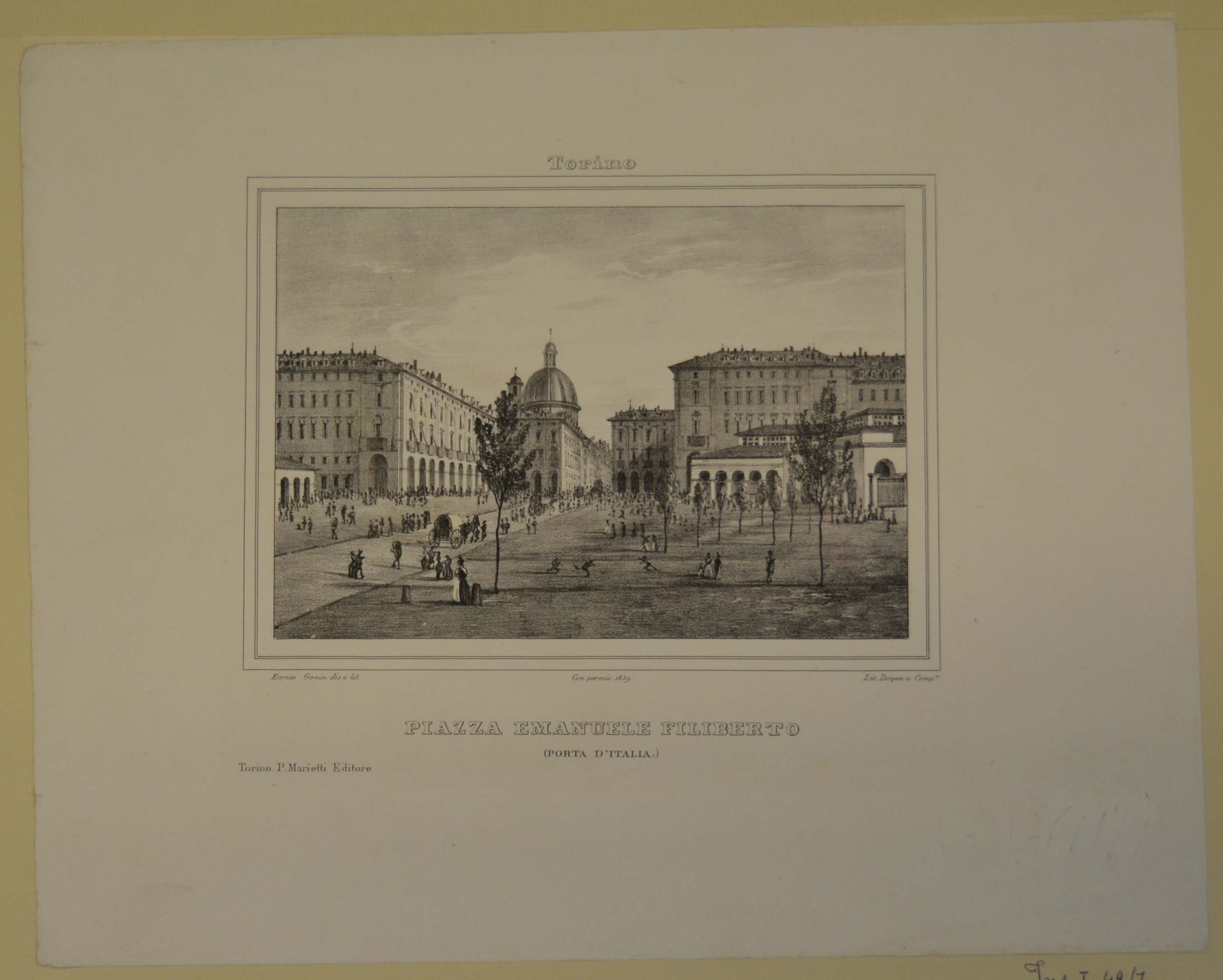 veduta di Piazza Emanuele Filiberto in Torino (stampa) di Gonin Enrico (secondo quarto sec. XIX)