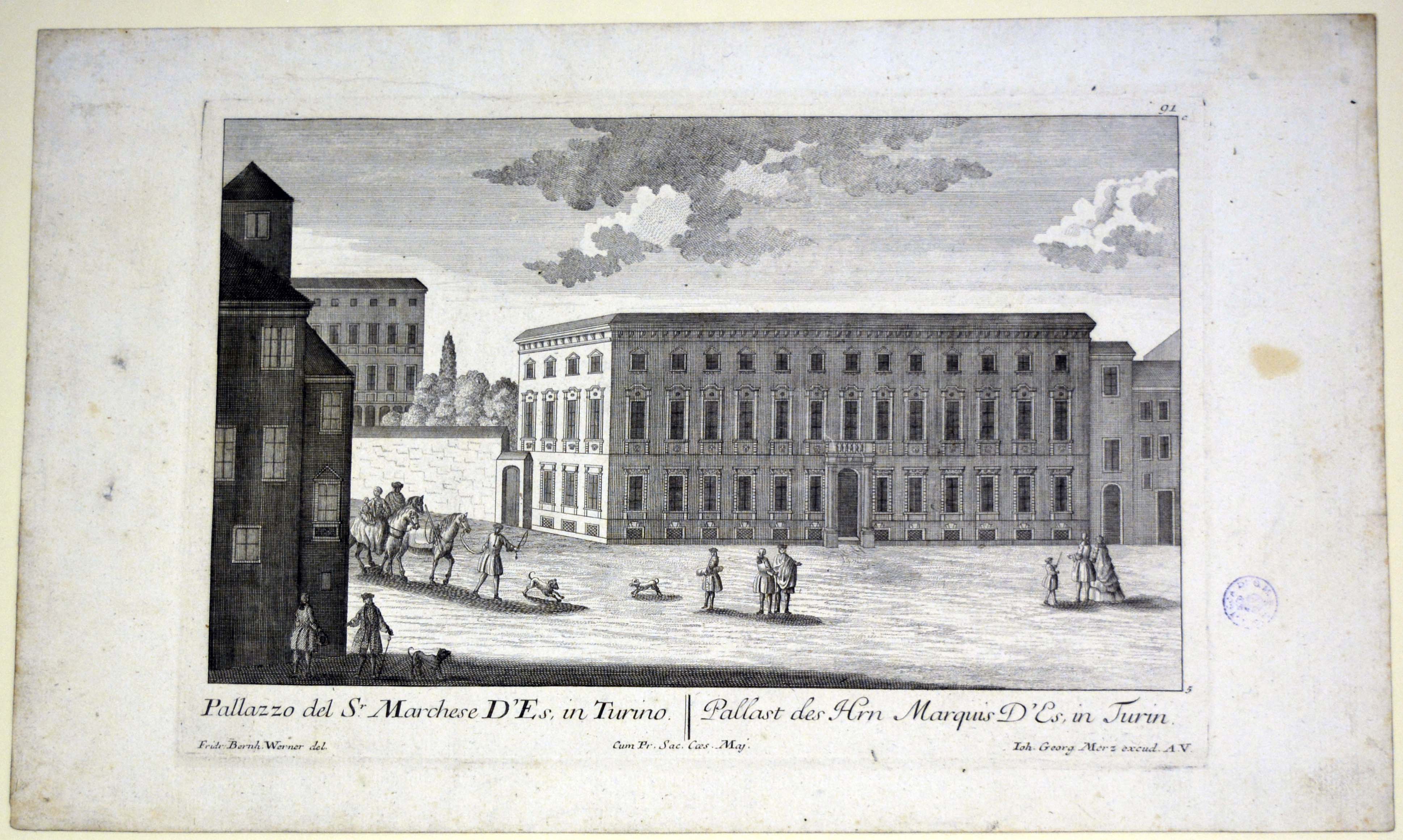 veduta prospettica del Palazzo detto dei Principi d'Este in Torino (stampa) di Werner Friedrich Bernhard, Merz Johann Georg (secondo quarto sec. XVIII)