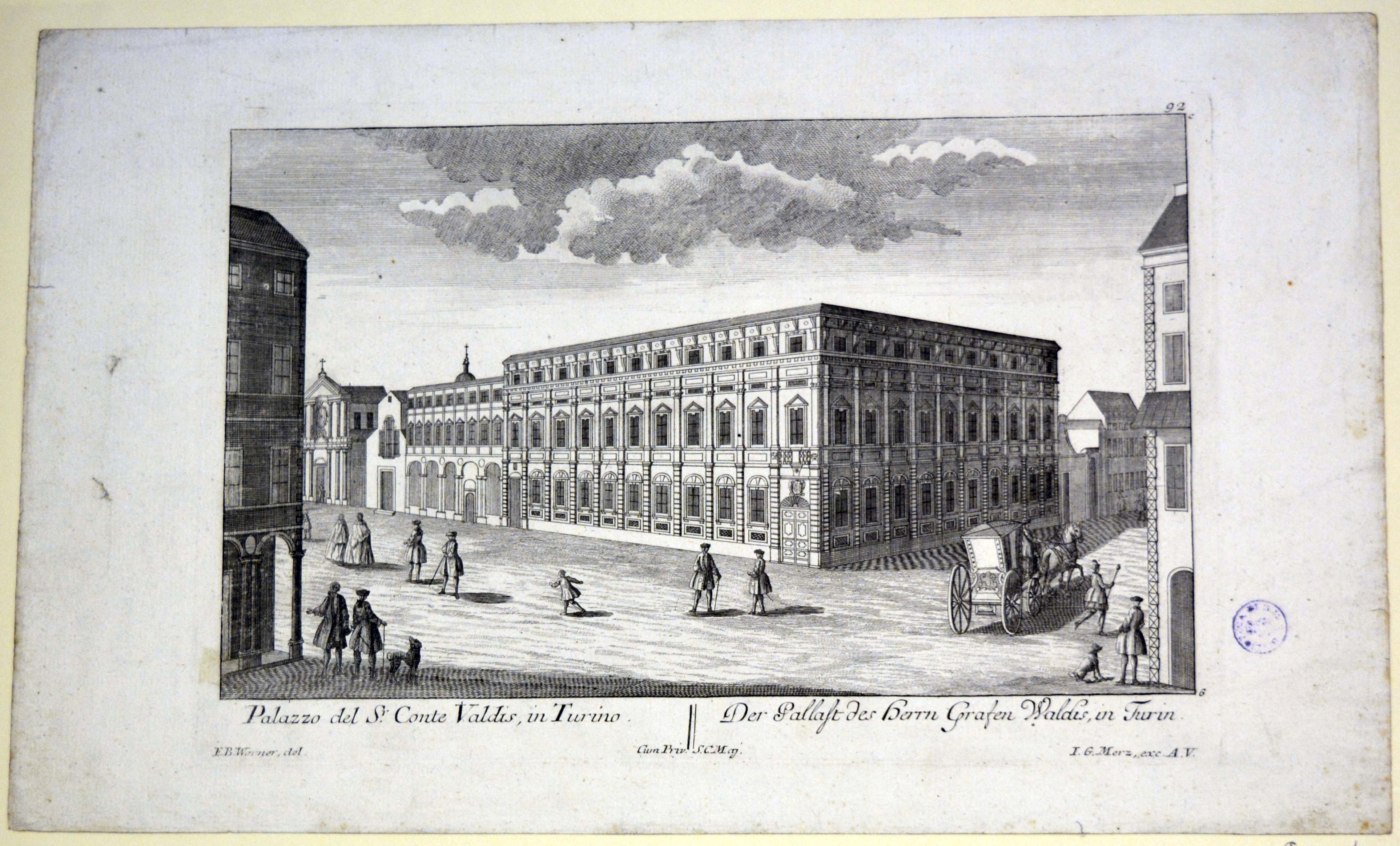 veduta prospettica del Palazzo del Conte Valdis [da identificarsi con il Palazzo dei Conti Trucchi di Levaldigi] in Torino (stampa) di Werner Friedrich Bernhard, Merz Johann Georg (secondo quarto sec. XVIII)