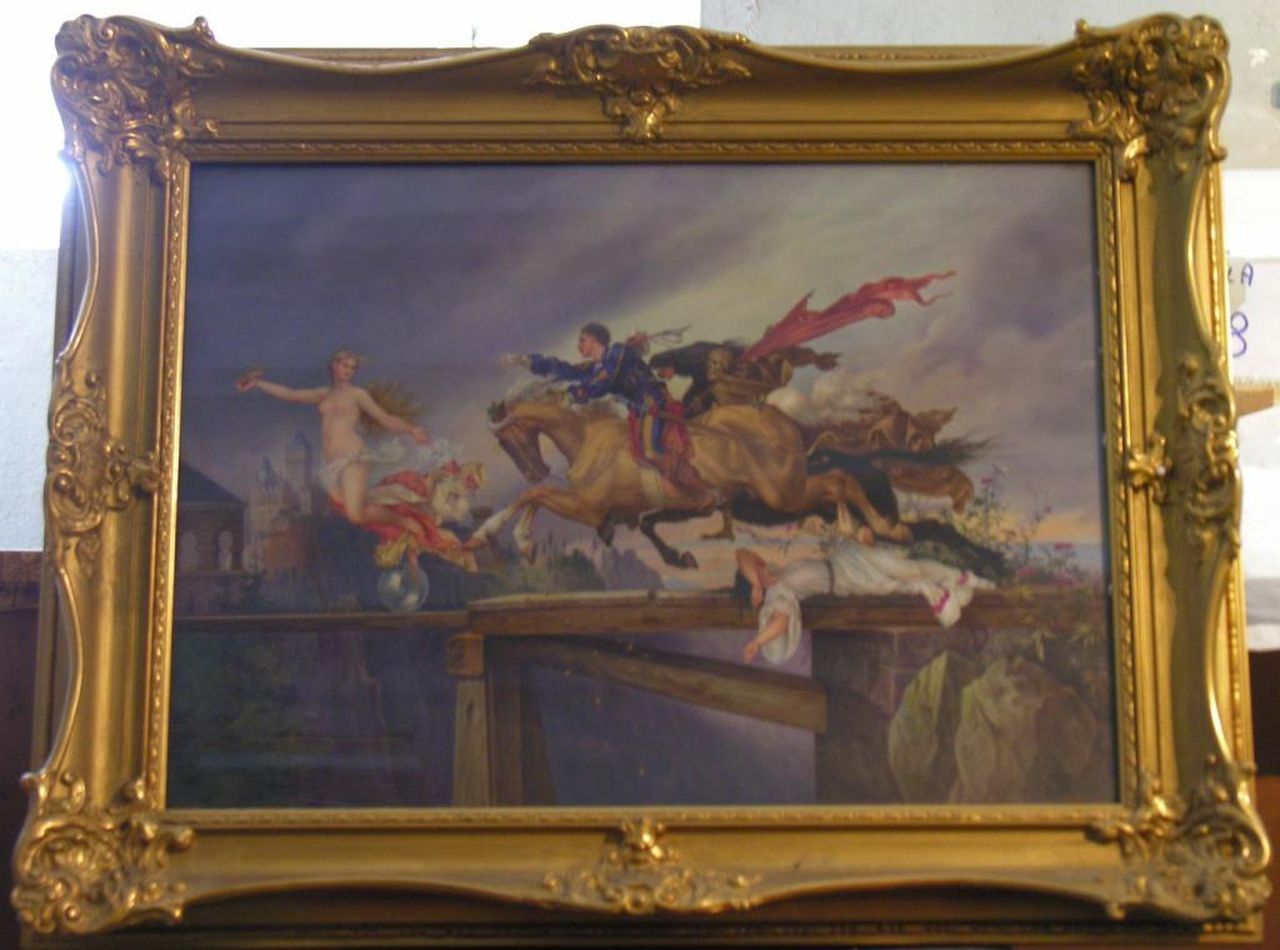 Die Jagd nach dem Glück, cavaliere inseguito dalla Morte, mentre cerca di raggiungere la Fortuna (dipinto) di Meisel Gustav - manifattura di Dresda (sec. XX)