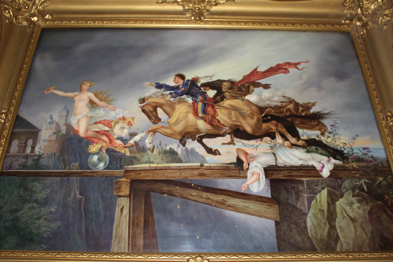 Die Jagd nach dem Glück, cavaliere inseguito dalla Morte, mentre cerca di raggiungere la Fortuna (dipinto) di Meisel Gustav - manifattura di Dresda (sec. XX)