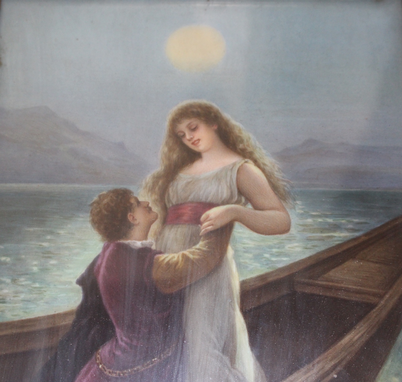 Im Mondschein, amanti in barca al chiaro di luna (dipinto) di Rudolf Dietrich, Königliche Porzellan-Manufaktur Berlin (KPM), Berlino - ambito tedesco (sec. XX)