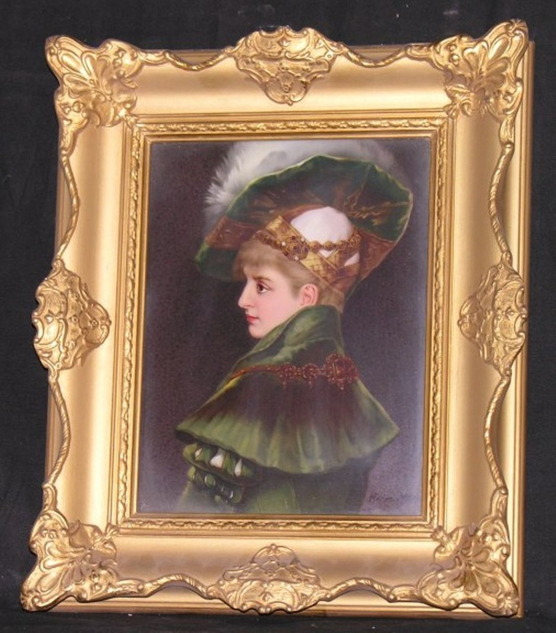 Vornehme Dame, donna di spalle con abito in velluto (dipinto) di Heinrich Müller, Königliche Porzellan-Manufaktur Berlin (KPM), Berlino - ambito tedesco (sec. XX)