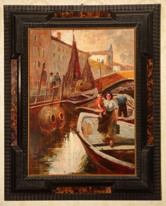 In barca sul canale, Donna con bambino su una barca (dipinto) di Orlandi Erasmo - ambito toscano (XX)