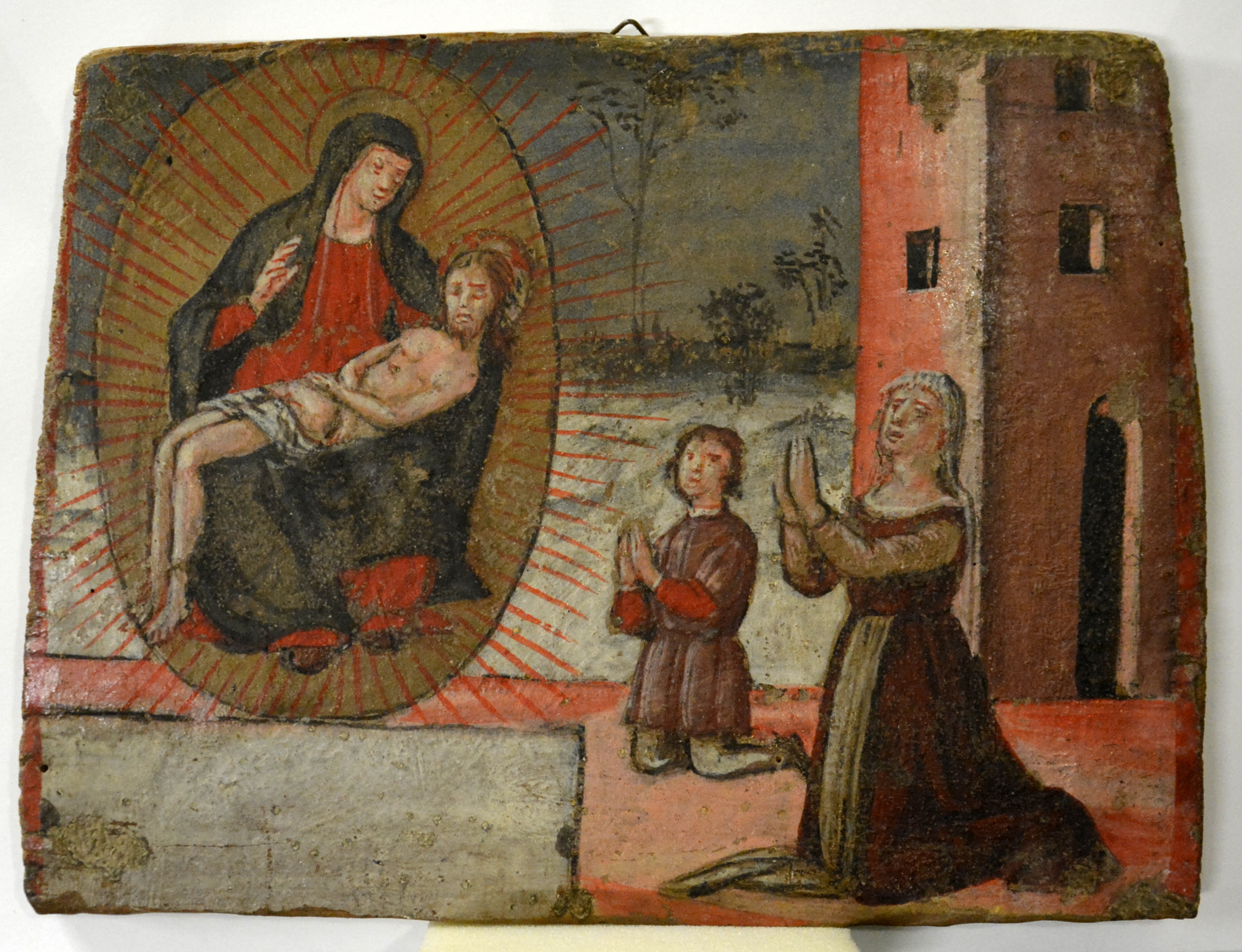 Pietà con figure oranti (dipinto, opera isolata) - bottega marchigiana (XVI)