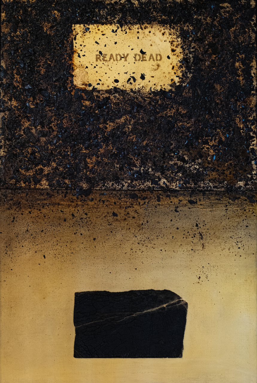 Ready dead, opera polimaterica nera e gialla con scritta ready dead (dipinto) di Boemio, Raffaele (XXI)