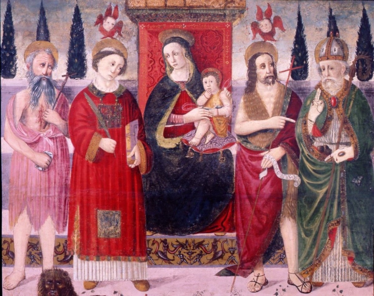 Madonna con Bambino in trono tra San Girolamo, San Lorenzo, San Giovanni Battista e San Nicola di Bari (dipinto) - ambito fiorentino (sec. XV)