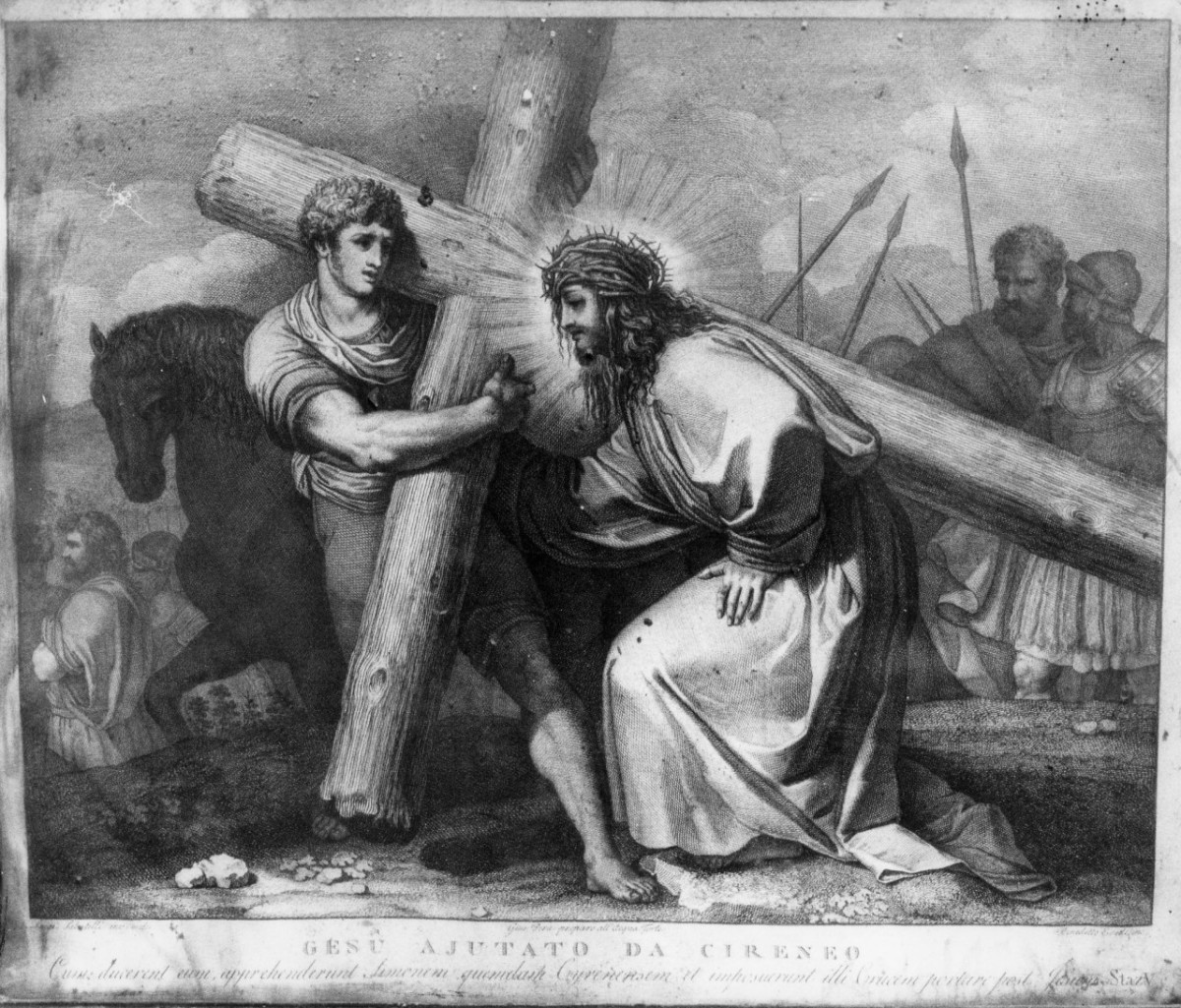 stazione V: Gesù aiutato da Simone il Cireneo a portare la croce (stampa) di Pera Giuseppe, Sabatelli Luigi, Eredi Benedetto (inizio sec. XIX)