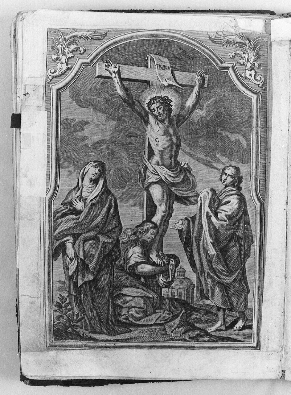Cristo crocifisso con Madonna, San Giovanni Evangelista e Santa Maria Maddalena (stampa) di Heylbrouck Michael (sec. XVIII)