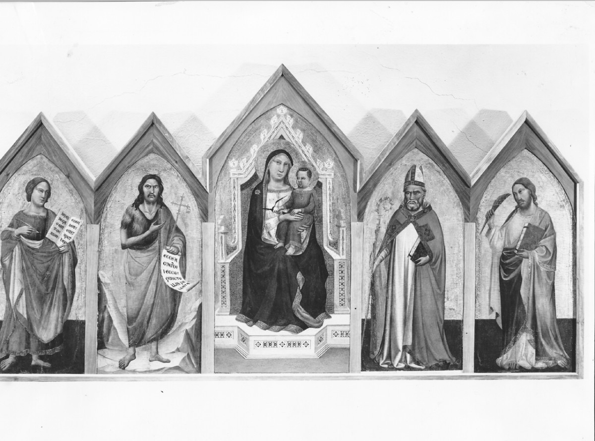 Madonna col Bambino e santi Giovanni Evangelista, Giovanni Battista, Zanobi e Jacopo (polittico) di Gaddi Taddeo (attribuito) (terzo quarto sec. XIV)