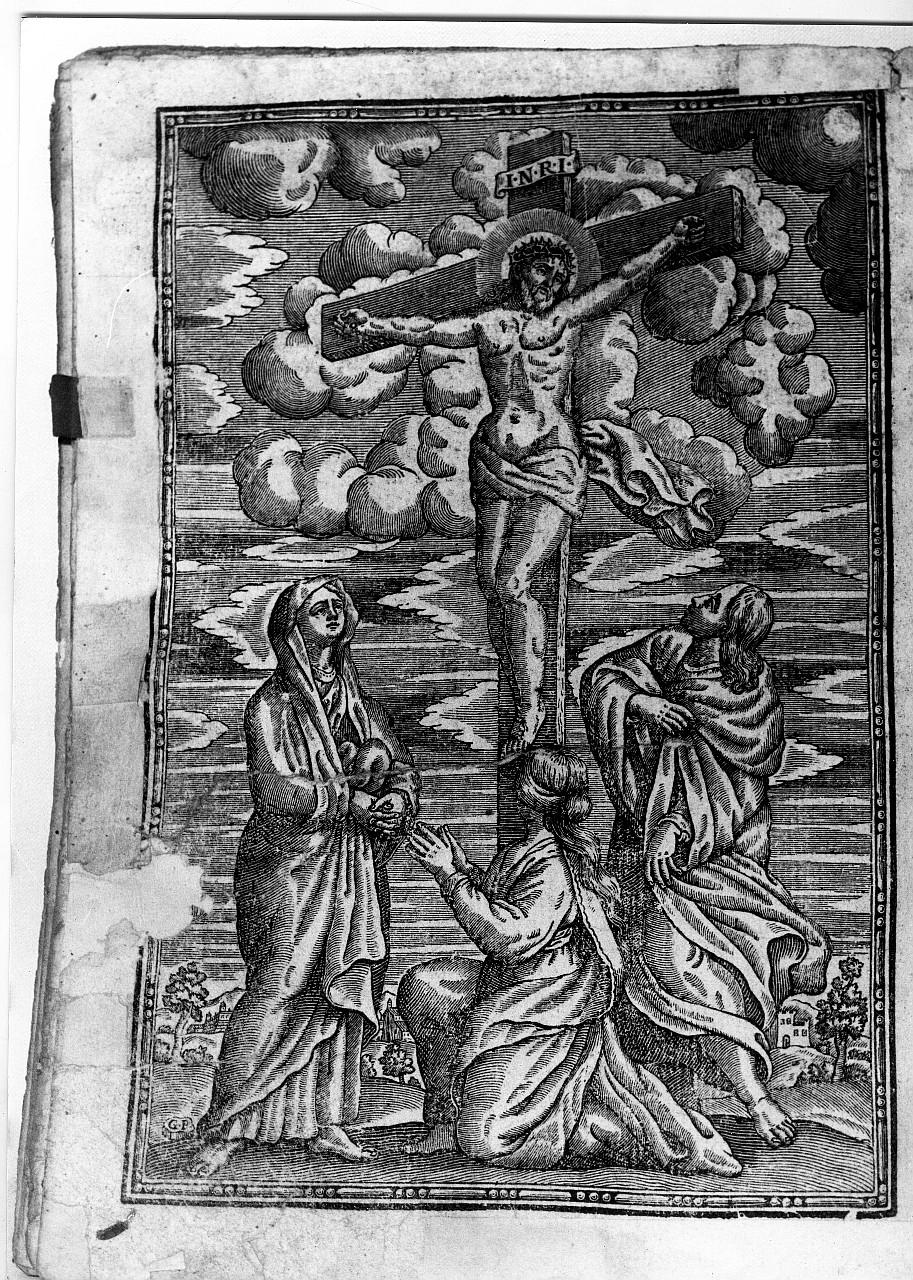 Cristo crocifisso con la Madonna, Santa Maria Maddalena e San Giovanni evangelista (stampa) di Piccini Giacomo (sec. XVII)