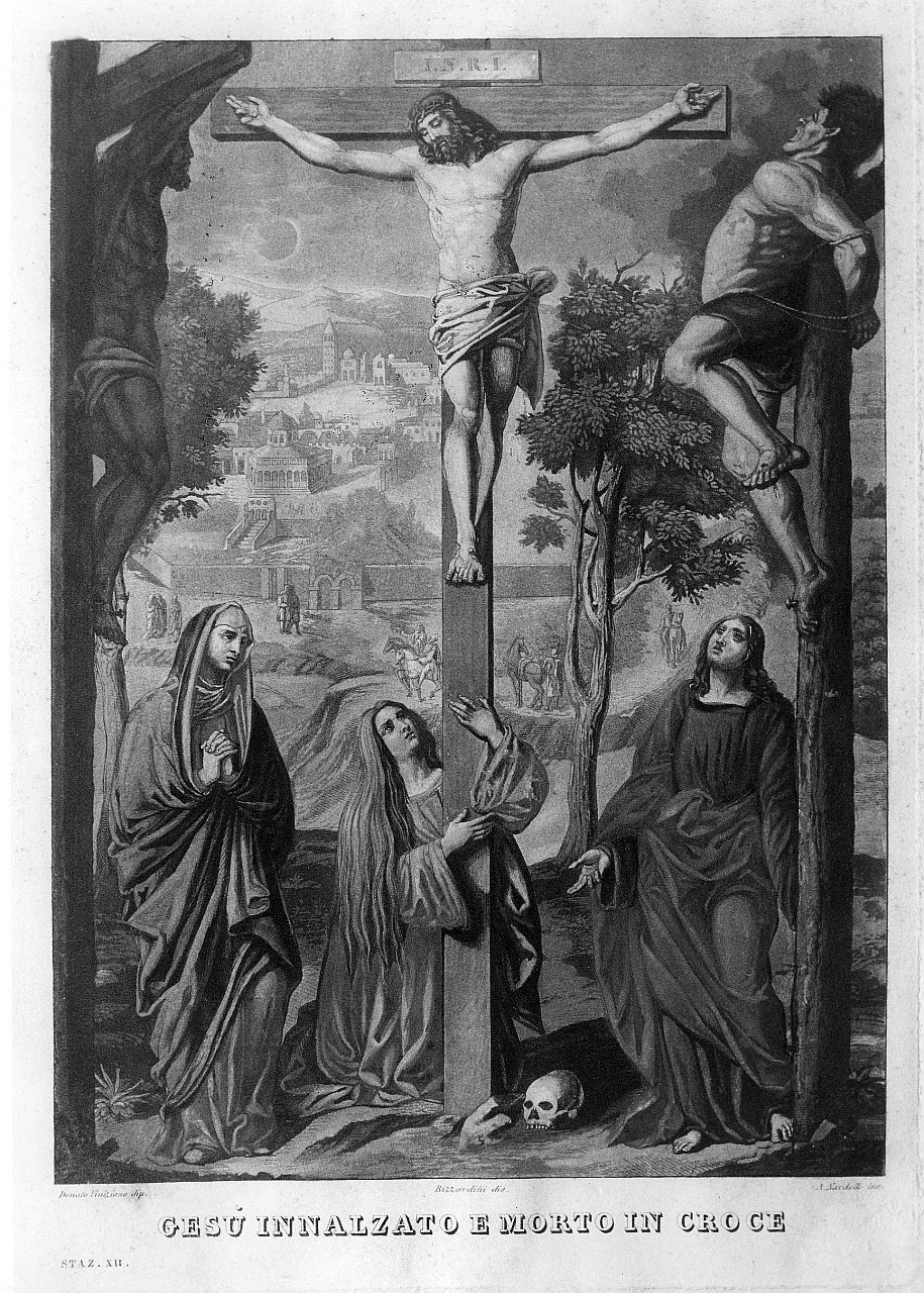 stazione XII: Gesù innalzato e morto in croce (stampa) di Nardelli Antonio (prima metà sec. XIX)