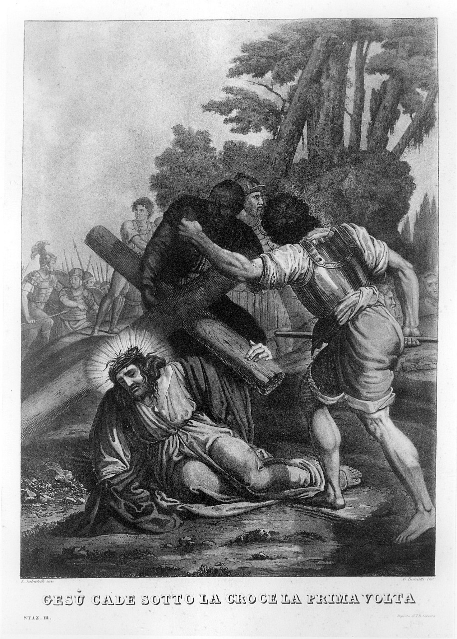 stazione III: Gesù cade sotto la croce la prima volta (stampa) di Bonatti Gaetano (prima metà sec. XIX)