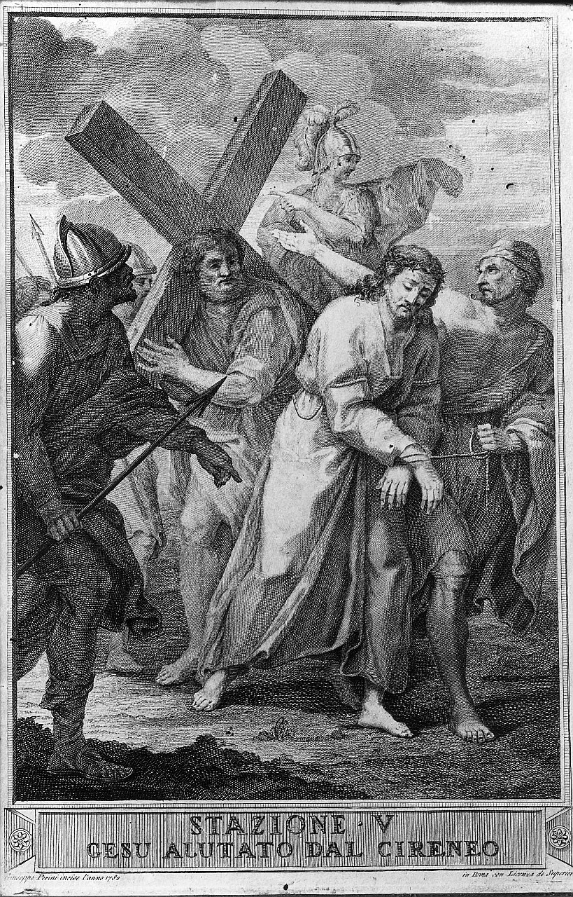stazione V: Gesù aiutato da Simone il Cireneo a portare la croce (stampa) di Capellan Antonio (ultimo quarto sec. XVIII)