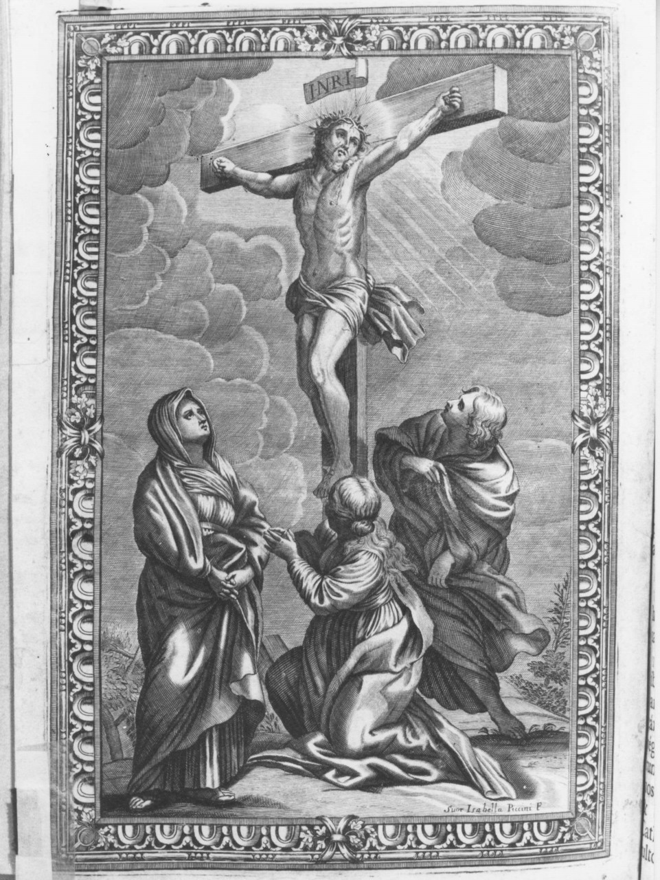 Cristo crocifisso con la Madonna, Santa Maria Maddalena e San Giovanni Evangelista (stampa) di Piccini Elisabetta detta Suor Isabella (sec. XVIII)