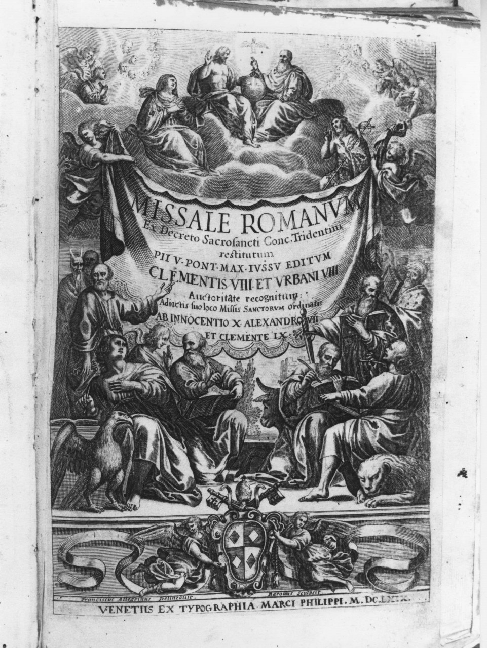 Trinità con la Madonna e San Giovanni Battista e i quattro Evangelisti con i rispettivi simboli (stampa) di Allegrini Francesco (sec. XVII)