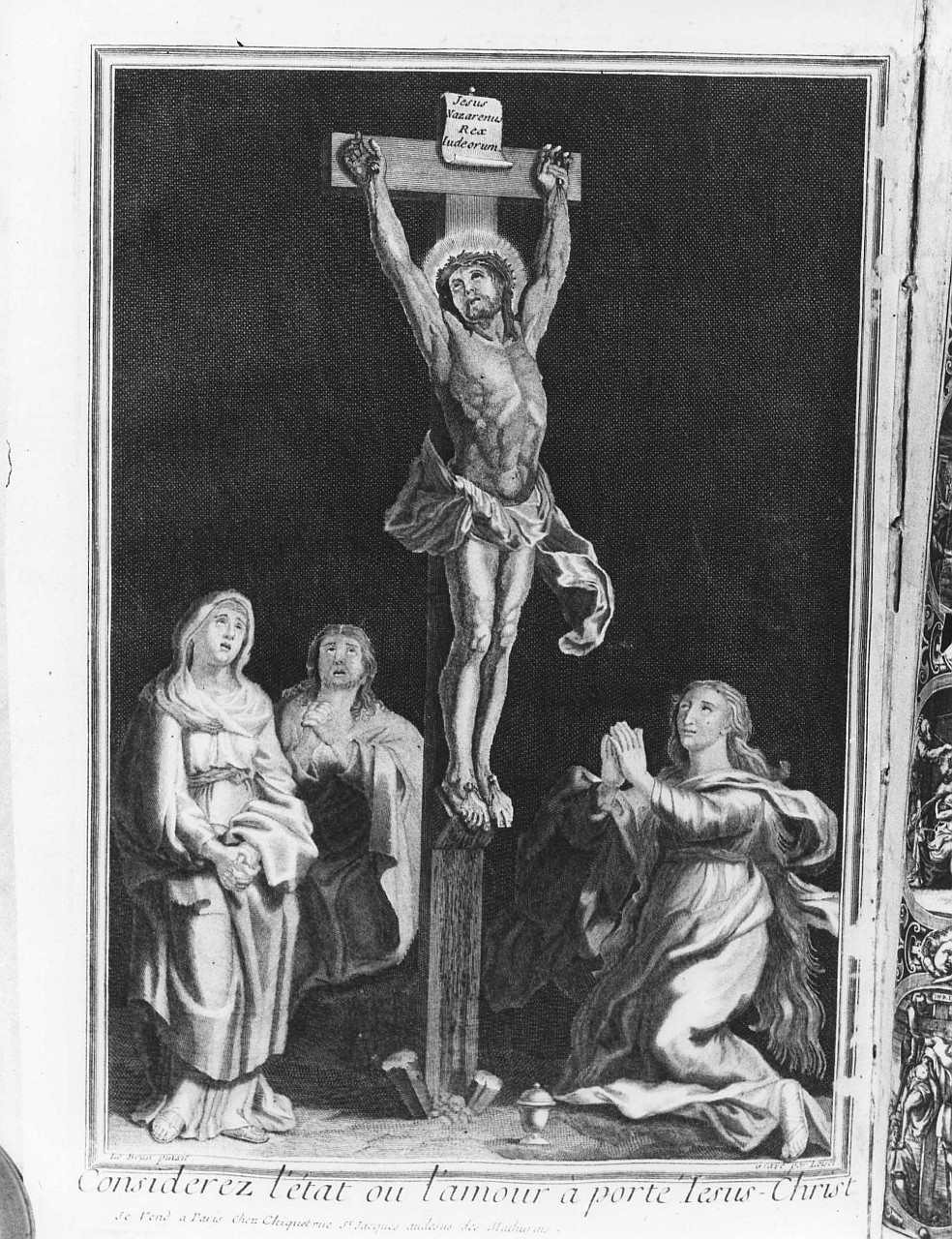 Cristo crocifisso con la Madonna, Santa Maria Maddalena e San Giovanni Evangelista (stampa) di Le Brun Charles, Loisel L (sec. XVII)