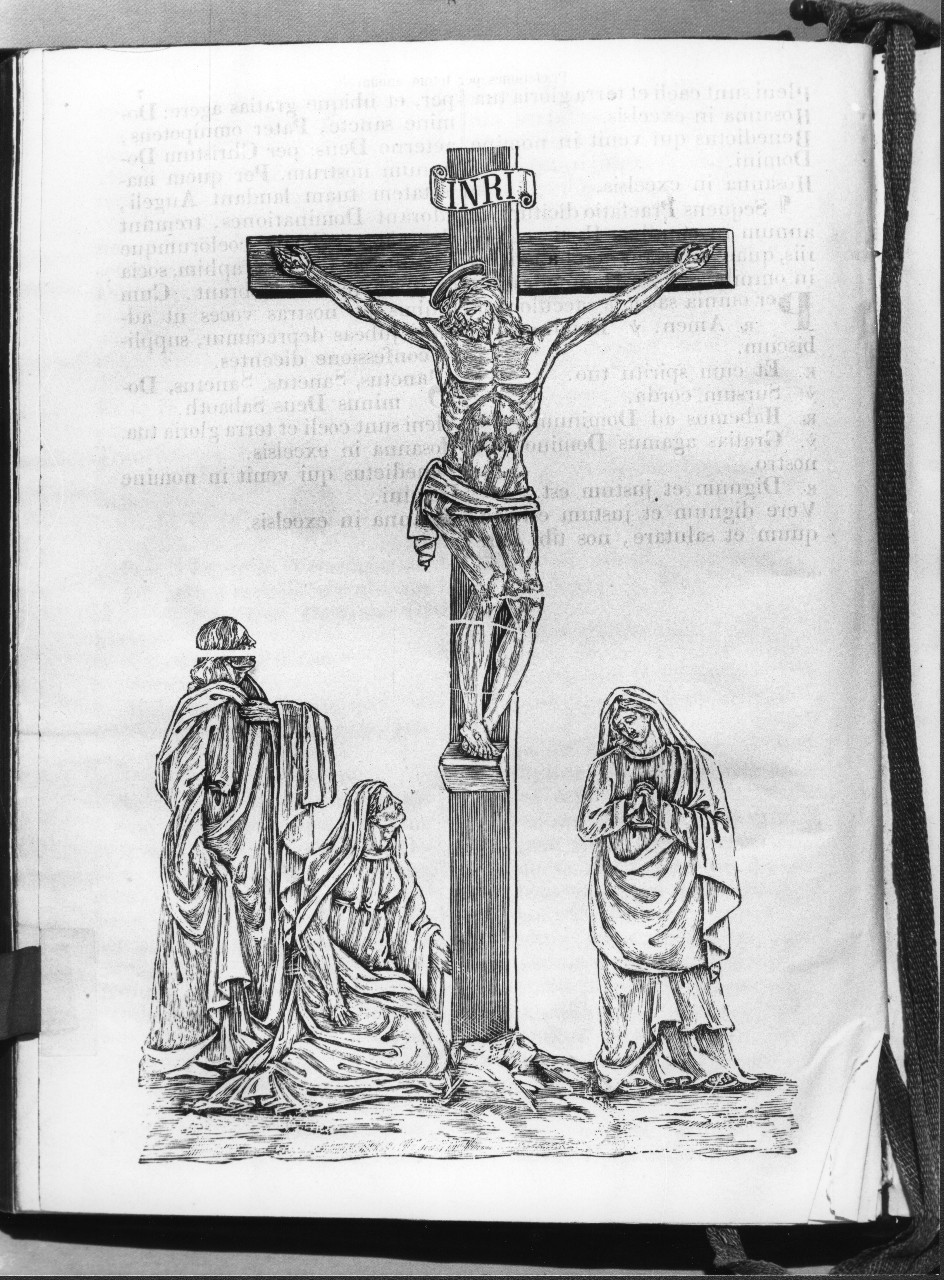 Cristo crocifisso con la Madonna, San Giovanni Evangelista e Santa Maria Maddalena (stampa) - ambito italiano (sec. XVII)