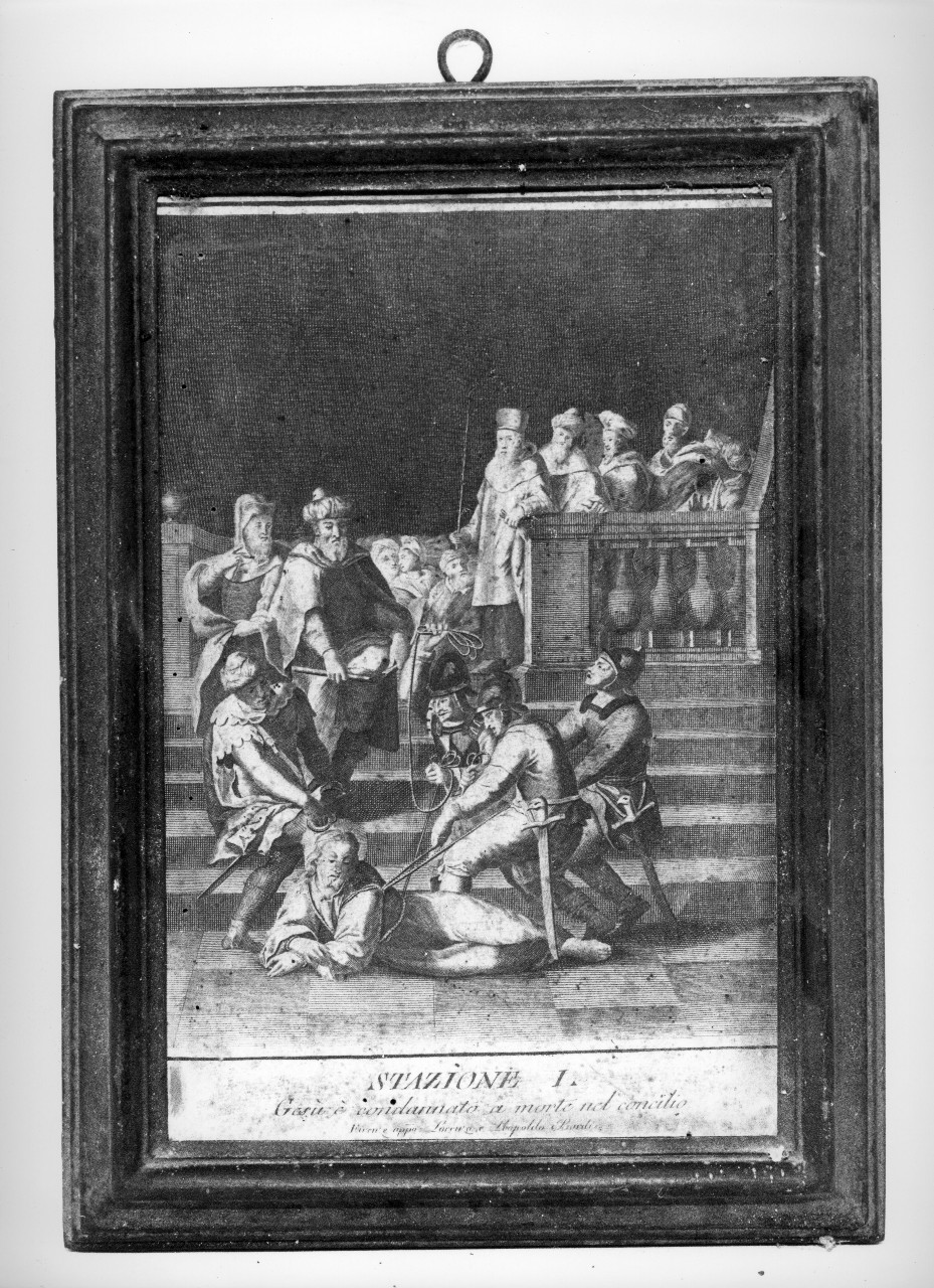 stazione I: Gesù condannato a morte (stampa colorata a mano) - ambito italiano (sec. XVIII)