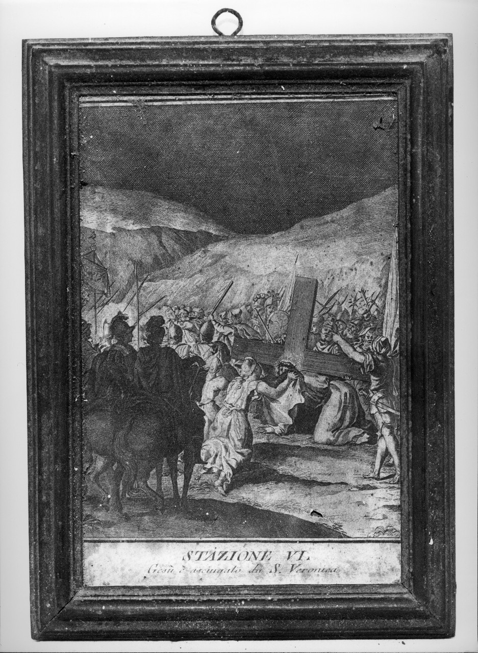 stazione VI: Gesù asciugato dalla Veronica (stampa colorata a mano) - ambito italiano (sec. XVIII)
